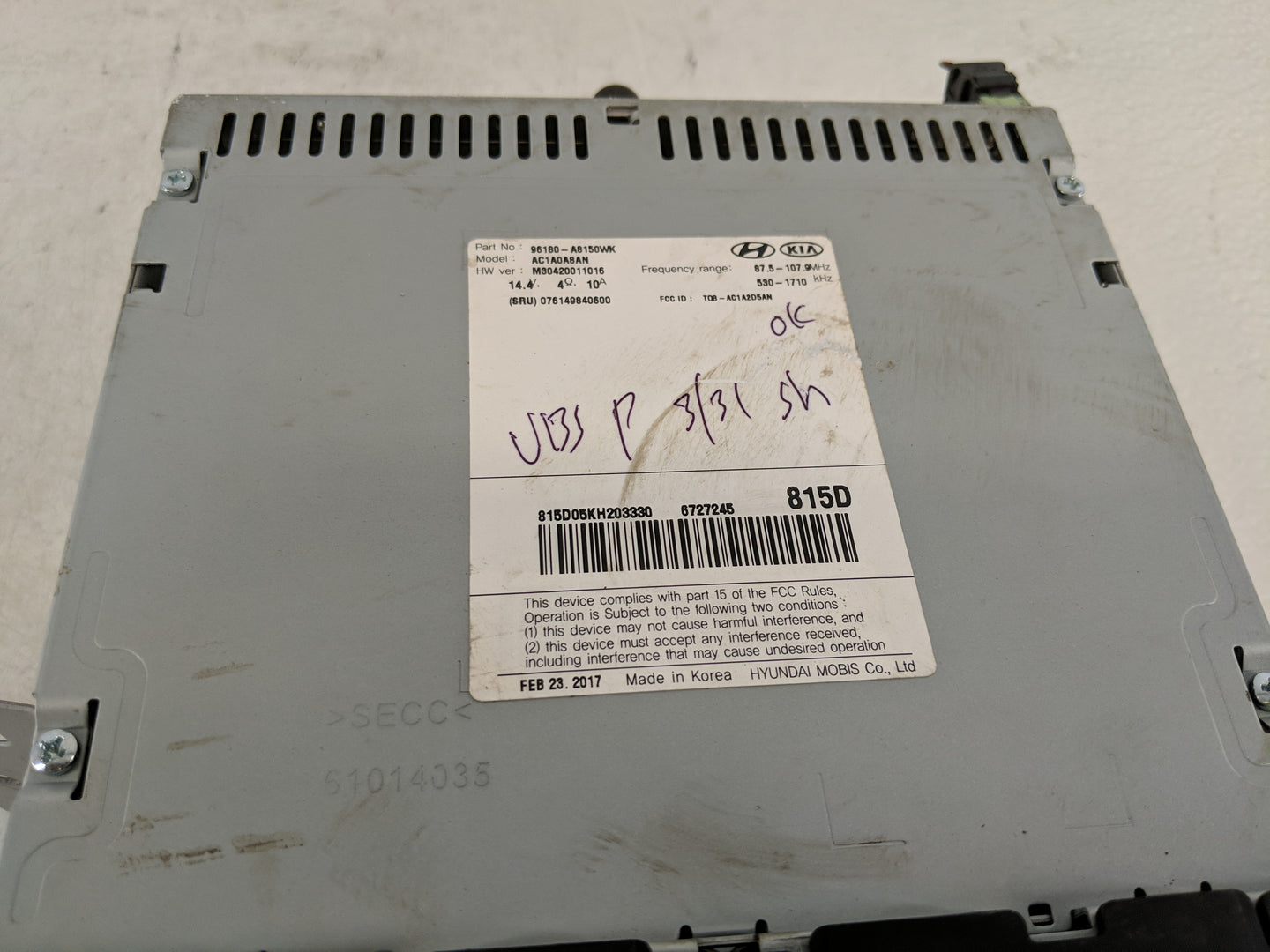 2017-2018 Kia Optima Radio AM FM Cd Player Receiver Replacement P/N:96180-A81500WK Fits Fits 2017 2018 OEM Used Auto Parts -