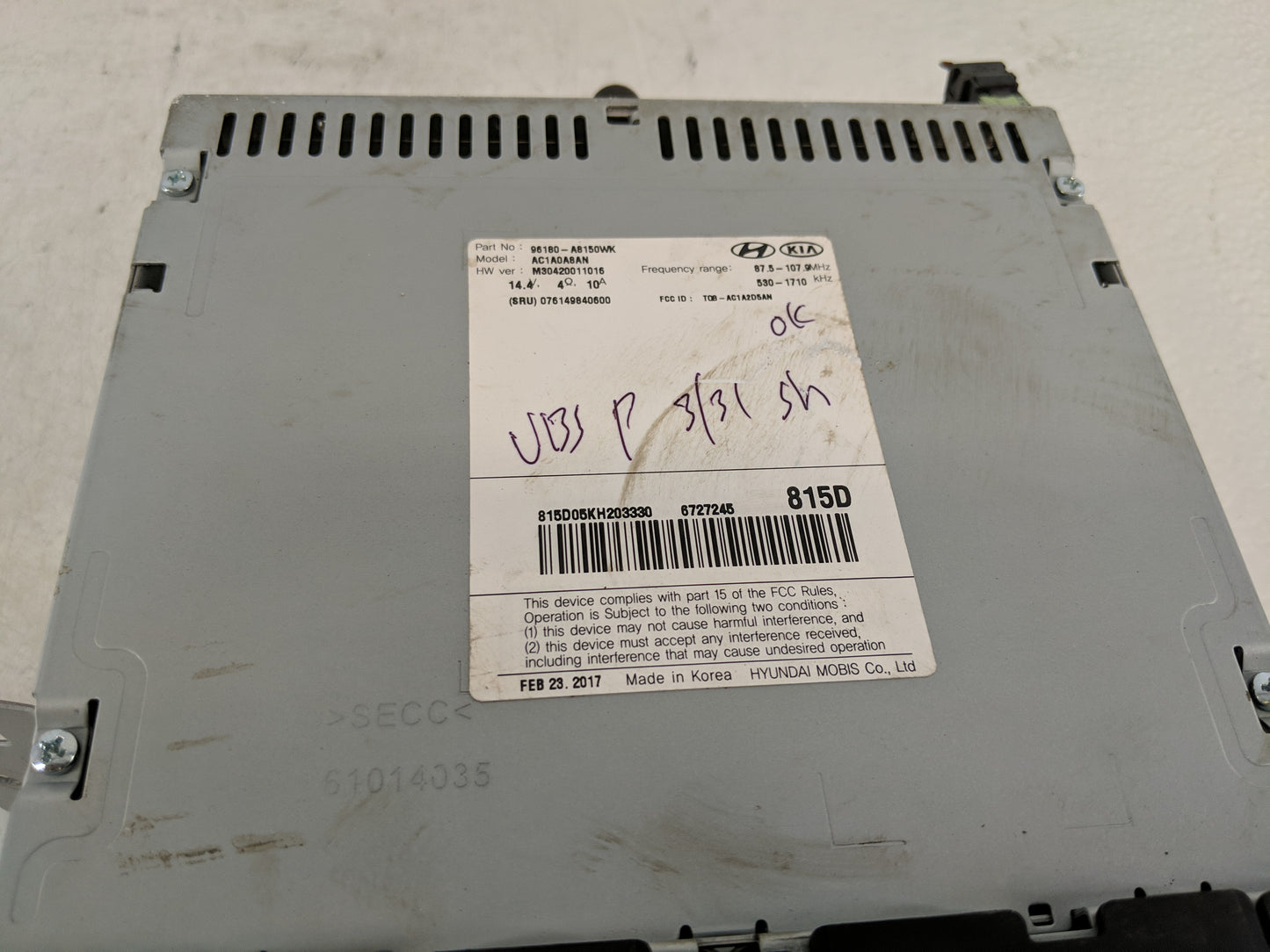 2017-2018 Kia Optima Radio AM FM Cd Player Receiver Replacement P/N:96180-A81500WK Fits Fits 2017 2018 OEM Used Auto Parts -
