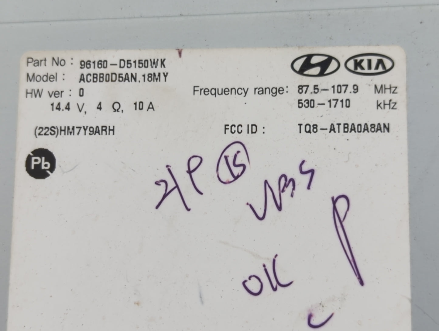 2017-2018 Kia Optima Radio AM FM Cd Player Receiver Replacement P/N:96160-D5150WK ACBB0D5AN.18MY Fits Fits 2017 2018 OEM Use