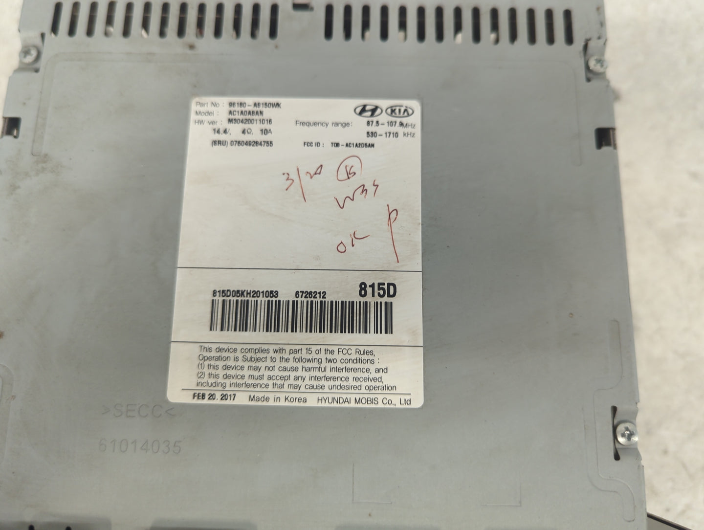 2016-2019 Kia Optima Radio AM FM Cd Player Receiver Replacement P/N:96180-A8150WK AC1A0A8AN Fits Fits 2016 2017 2018 2019 OE