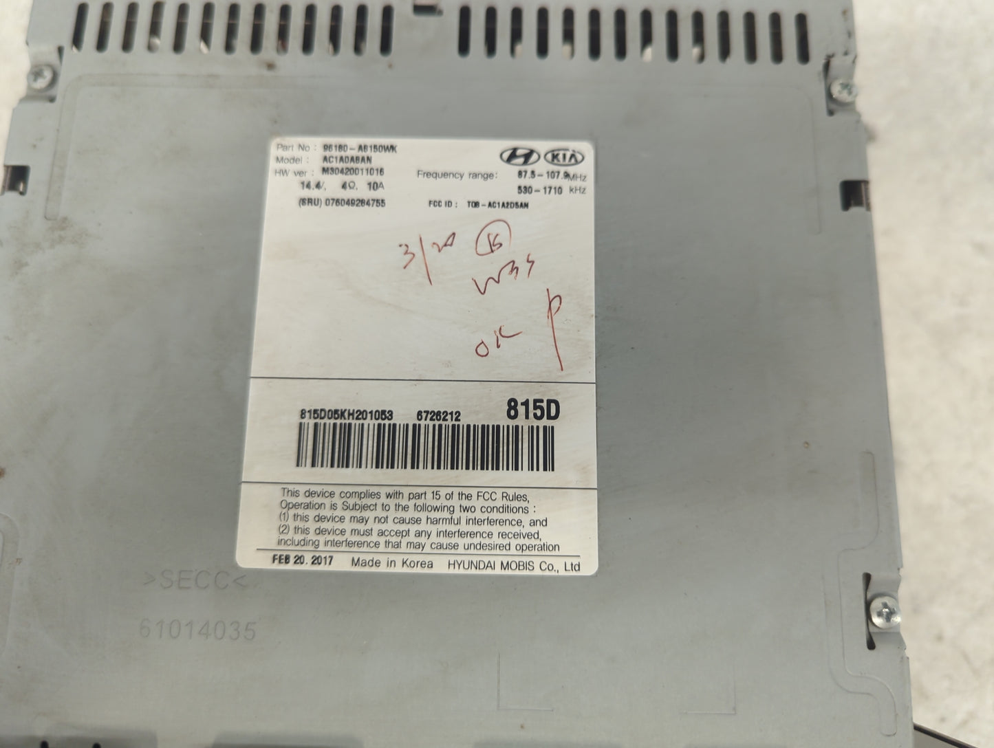 2016-2019 Kia Optima Radio AM FM Cd Player Receiver Replacement P/N:96180-A8150WK AC1A0A8AN Fits Fits 2016 2017 2018 2019 OE