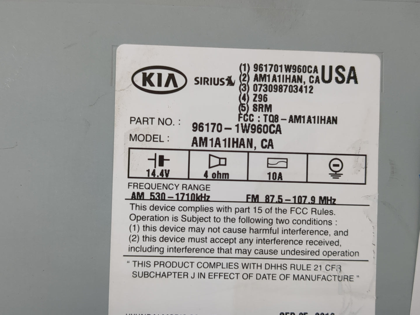 2016-2017 Kia Rio Radio AM FM Cd Player Receiver Replacement P/N:96170-1W960CA Fits Fits 2016 2017 OEM Used Auto Parts - Oem