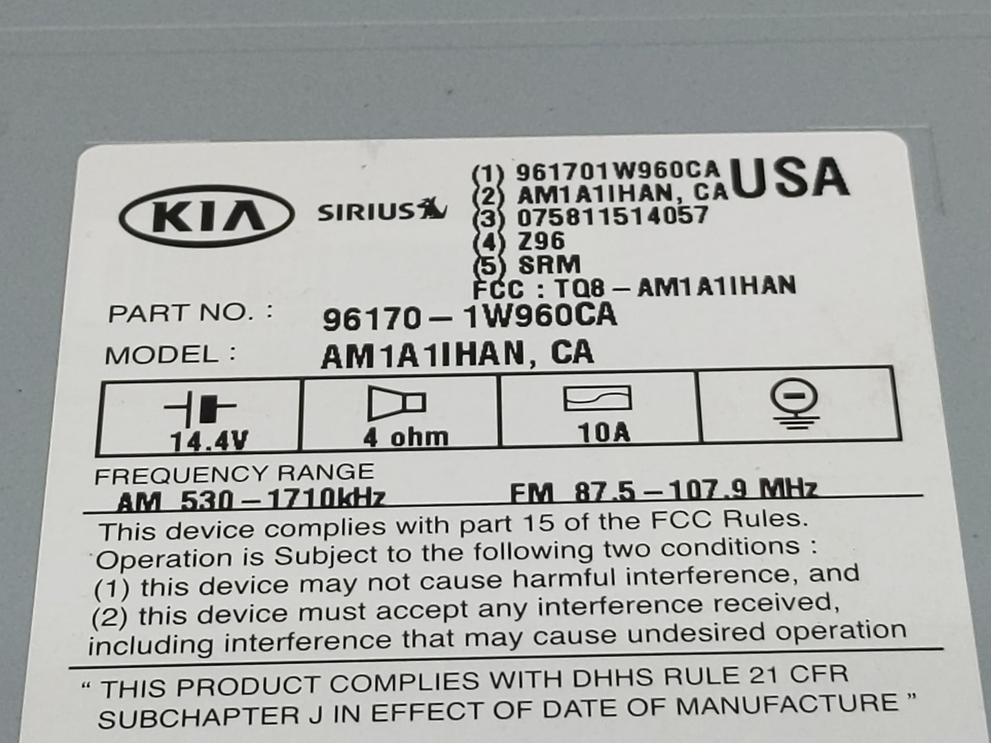 2016-2017 Kia Rio Radio AM FM Cd Player Receiver Replacement P/N:96170-1W960CA Fits Fits 2016 2017 OEM Used Auto Parts - Oem