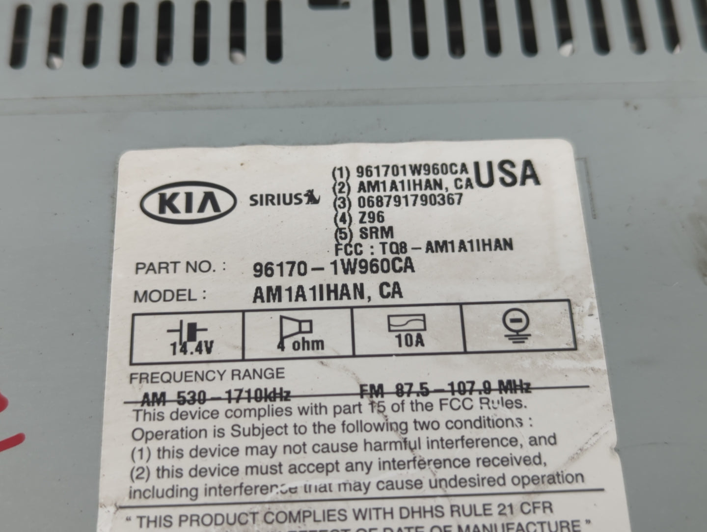 2016-2017 Kia Rio Radio AM FM Cd Player Receiver Replacement P/N:96170-1W960CA Fits Fits 2016 2017 OEM Used Auto Parts - Oem