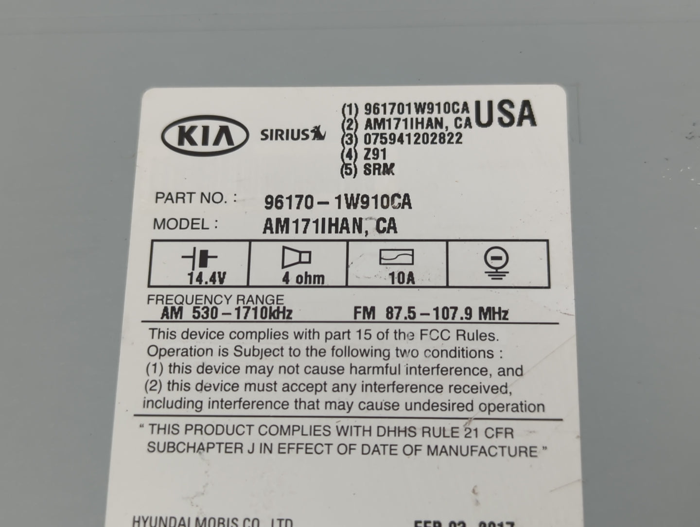 2016-2017 Kia Rio Am Fm Cd Player Radio Receiver - Oemusedautoparts1.com