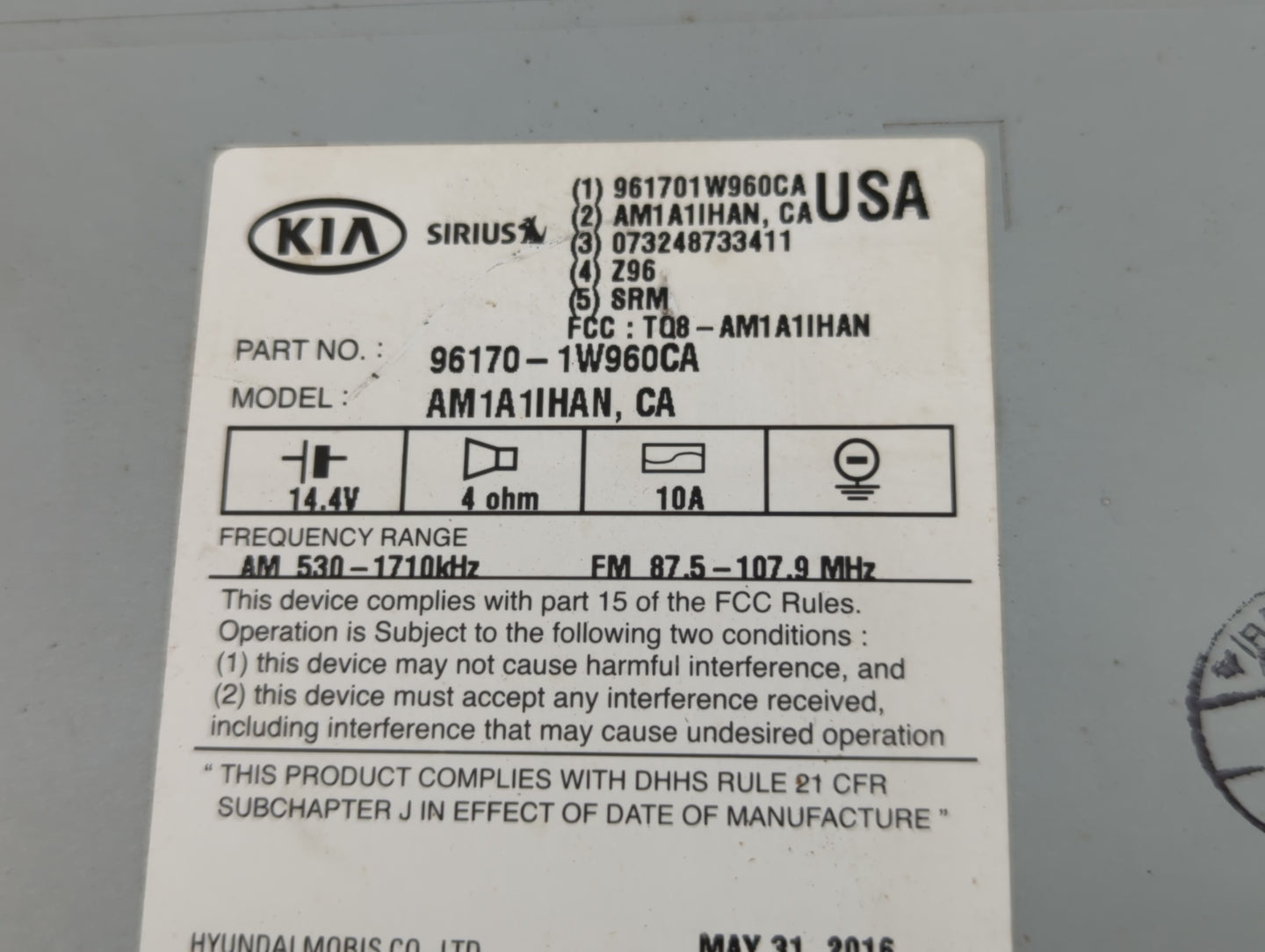 2016-2017 Kia Rio Radio AM FM Cd Player Receiver Replacement P/N:96170-1W960CA Fits Fits 2016 2017 OEM Used Auto Parts - Oem