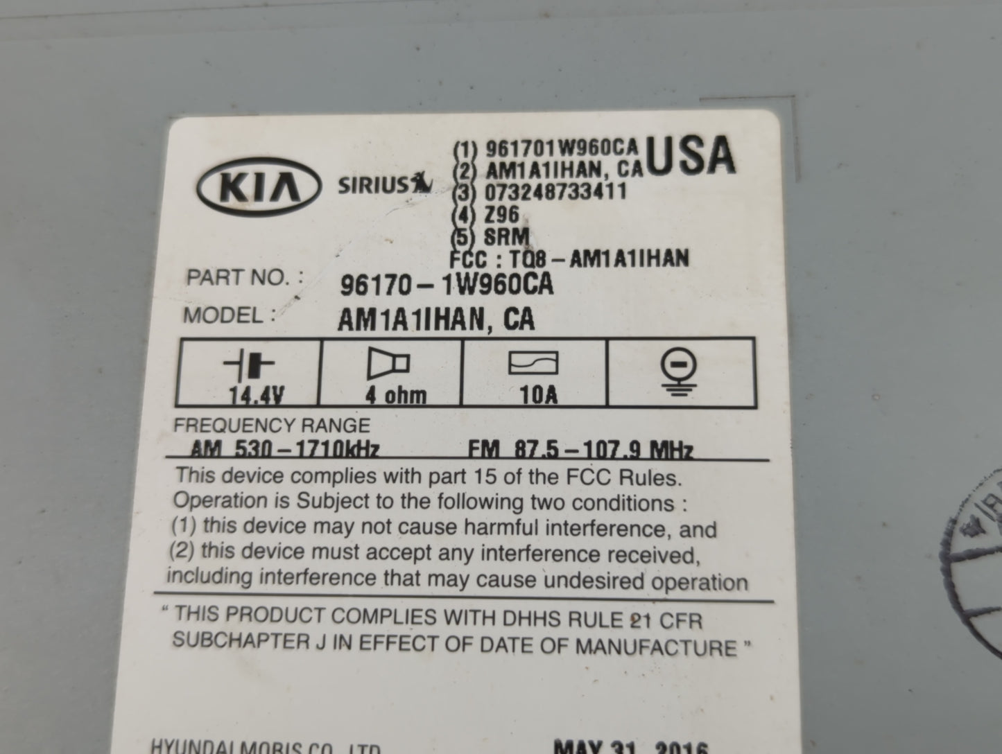2016-2017 Kia Rio Radio AM FM Cd Player Receiver Replacement P/N:96170-1W960CA Fits Fits 2016 2017 OEM Used Auto Parts - Oem