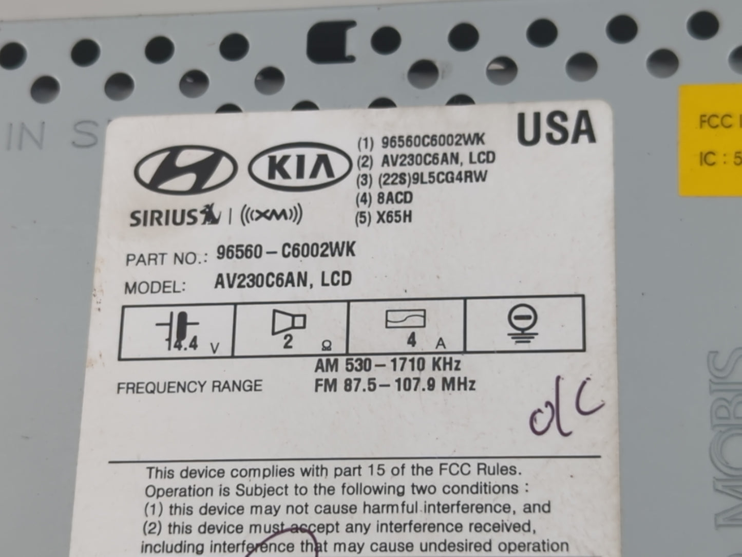 2016-2018 Kia Sorento Radio AM FM Cd Player Receiver Replacement P/N:96180-C6000WK Fits Fits 2016 2017 2018 OEM Used Auto Pa