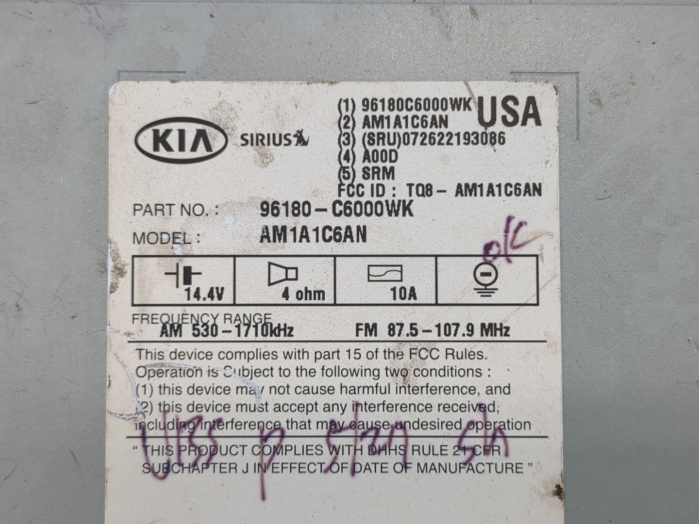 2016-2018 Kia Sorento Radio AM FM Cd Player Receiver Replacement P/N:96180-C6000WK Fits Fits 2016 2017 2018 OEM Used Auto Pa