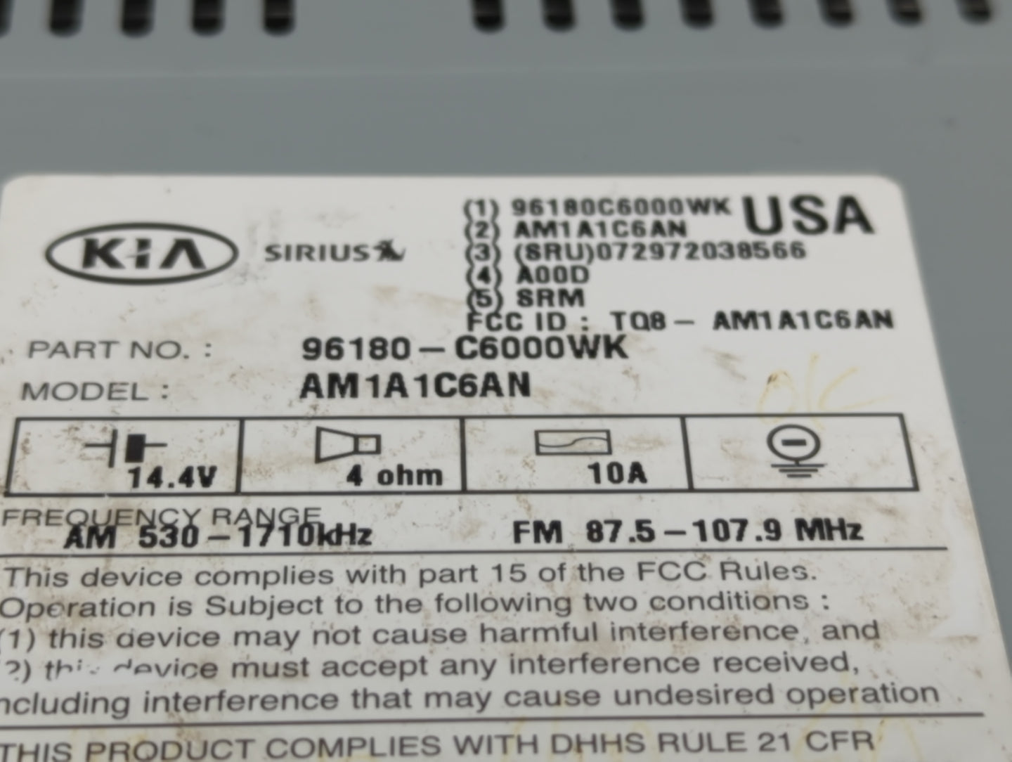 2016-2018 Kia Sorento Radio AM FM Cd Player Receiver Replacement P/N:96180-C6000WK Fits Fits 2016 2017 2018 OEM Used Auto Pa