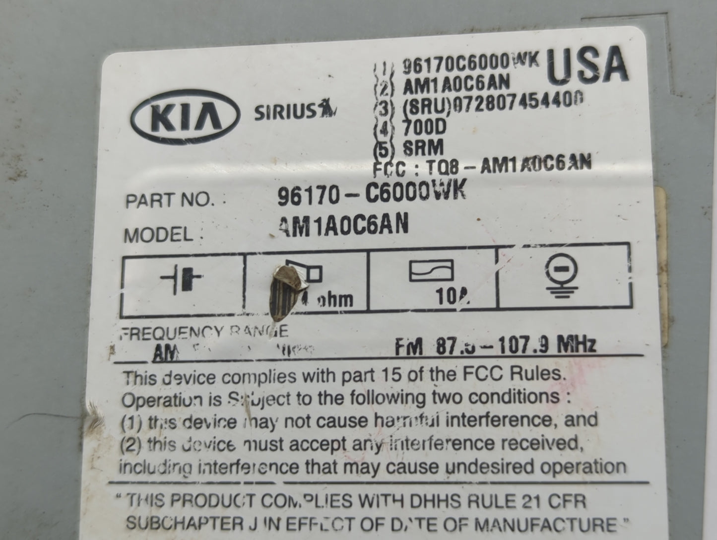 2016-2018 Kia Sorento Radio AM FM Cd Player Receiver Replacement P/N:96170-C6000WK Fits Fits 2016 2017 2018 OEM Used Auto Pa