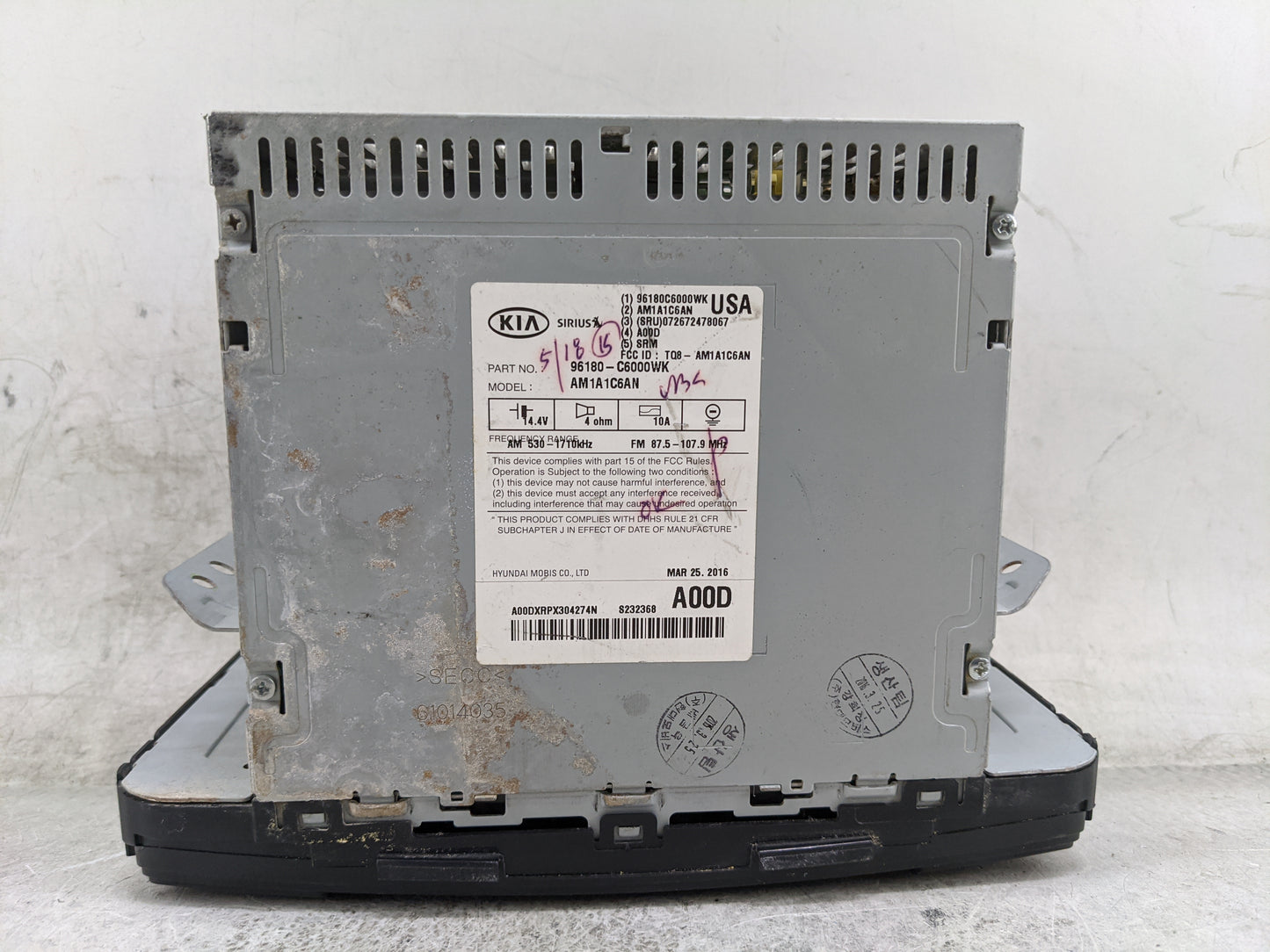 2016-2018 Kia Sorento Radio AM FM Cd Player Receiver Replacement P/N:96180-C6000WK AM1A1C6AN Fits Fits 2016 2017 2018 OEM Us