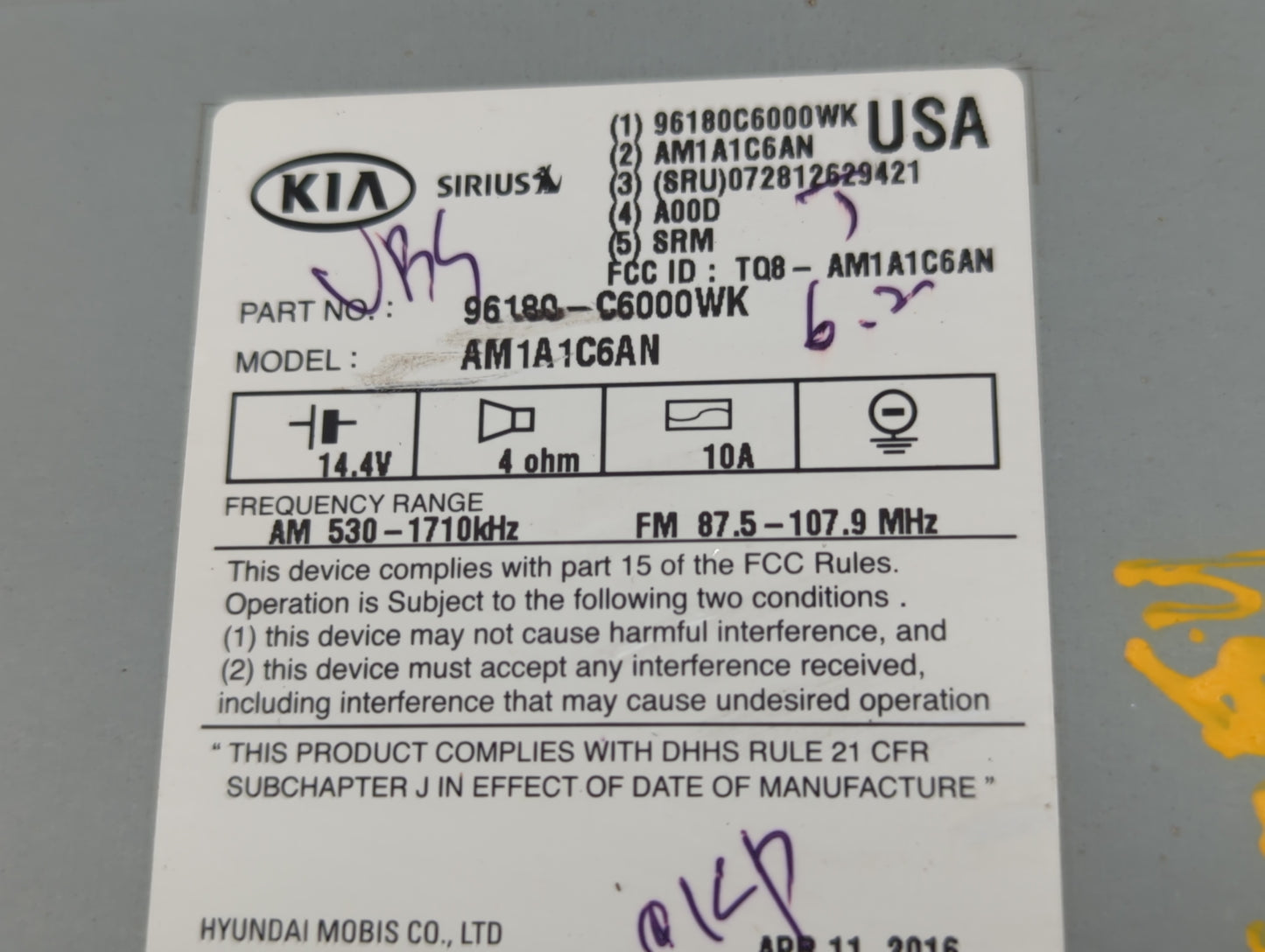 2016-2018 Kia Sorento Radio AM FM Cd Player Receiver Replacement P/N:96180-C6000WK Fits Fits 2016 2017 2018 OEM Used Auto Pa