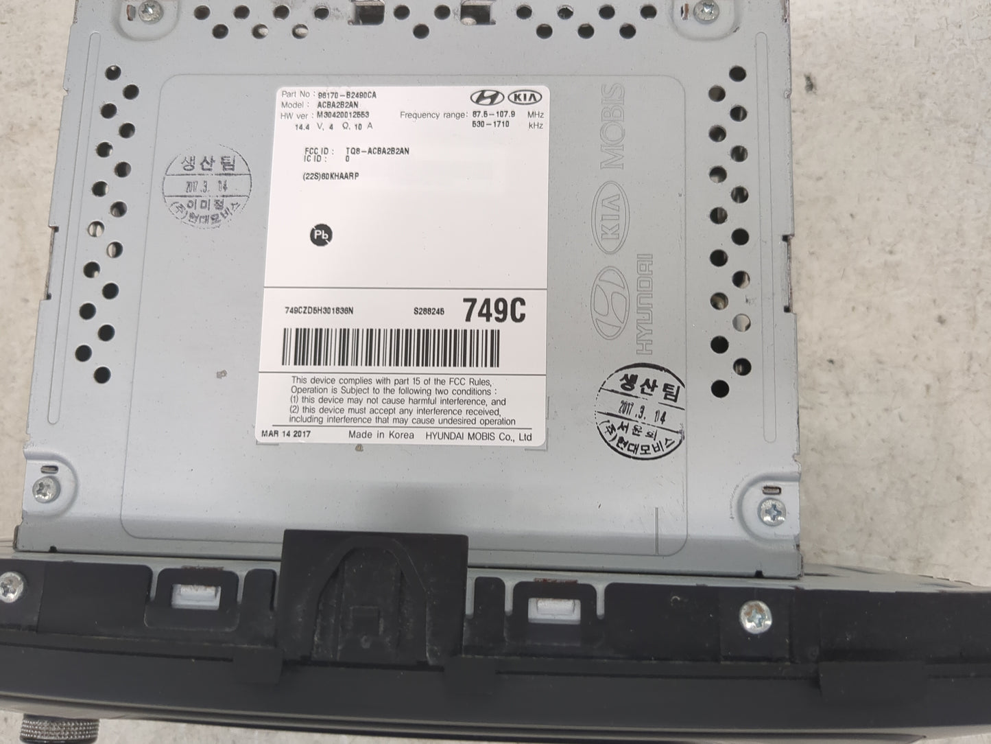 2017 Kia Soul Radio AM FM Cd Player Receiver Replacement P/N:96170-B2400CA ACBA2B2AN, TQ8-ACBA2B2AN Fits OEM Used Auto Parts