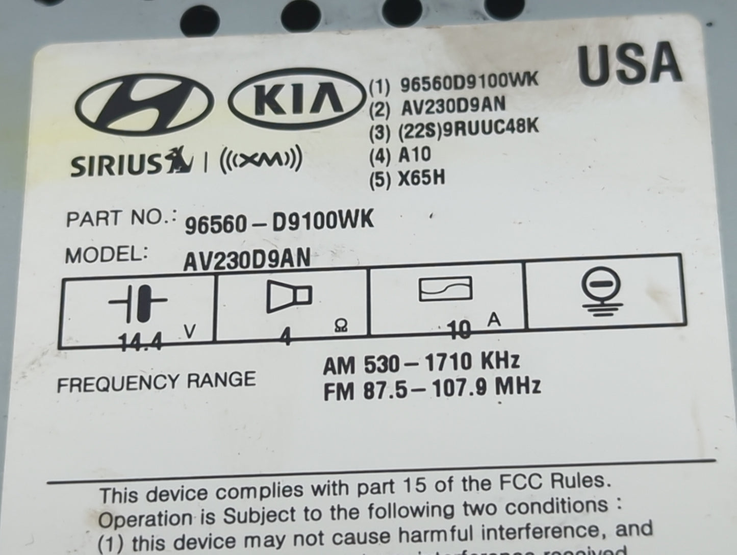 2017-2019 Kia Sportage Radio AM FM Cd Player Receiver Replacement P/N:96560-D9100WK Fits Fits 2017 2018 2019 OEM Used Auto P