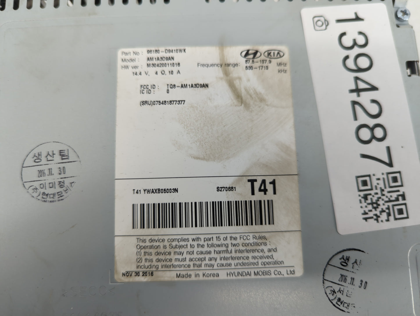 2017-2019 Kia Sportage Radio AM FM Cd Player Receiver Replacement P/N:96180-D9410WK Fits Fits 2017 2018 2019 OEM Used Auto P