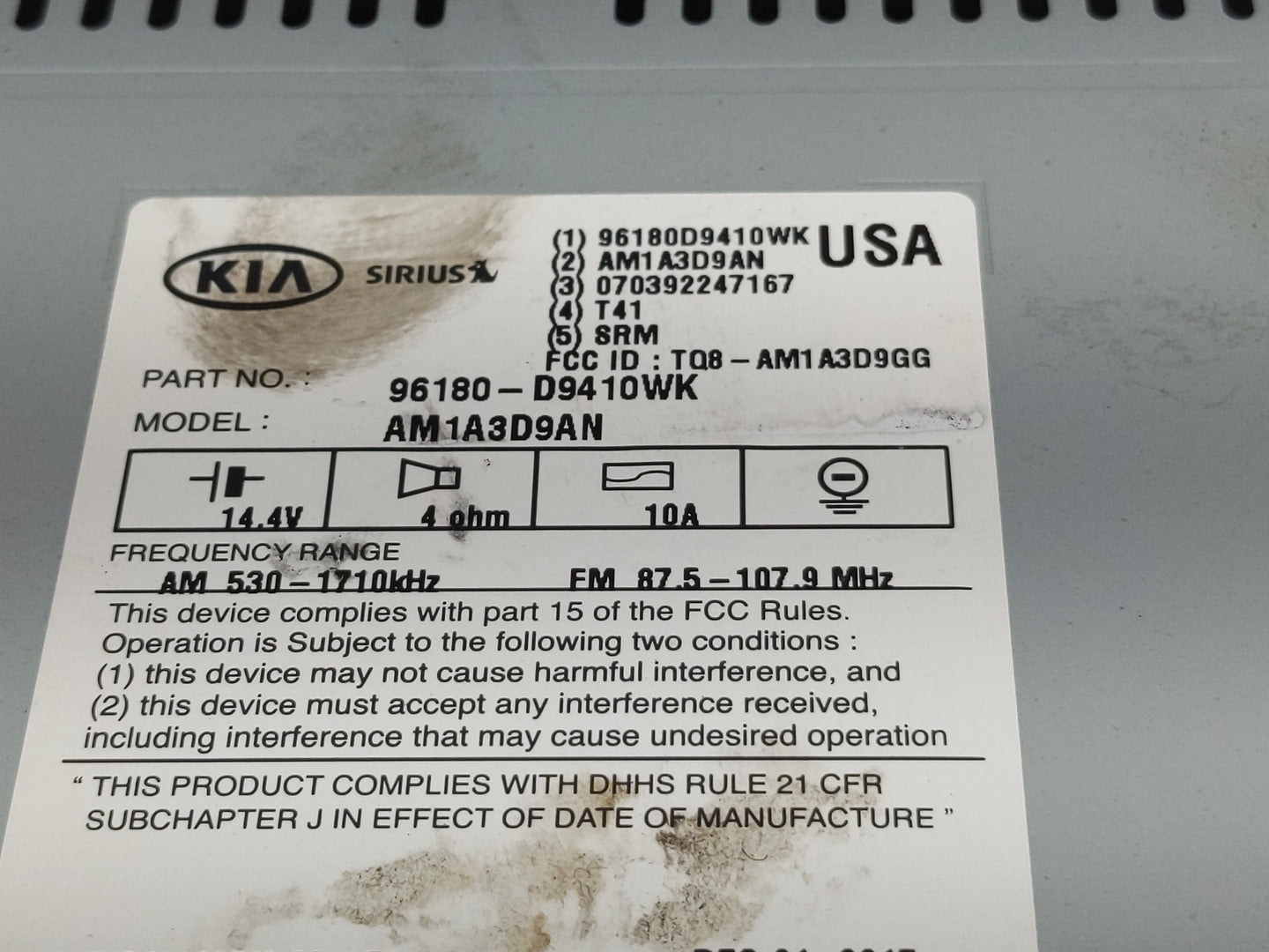 2017-2019 Kia Sportage Radio AM FM Cd Player Receiver Replacement P/N:96180-D9410WK Fits Fits 2017 2018 2019 OEM Used Auto P