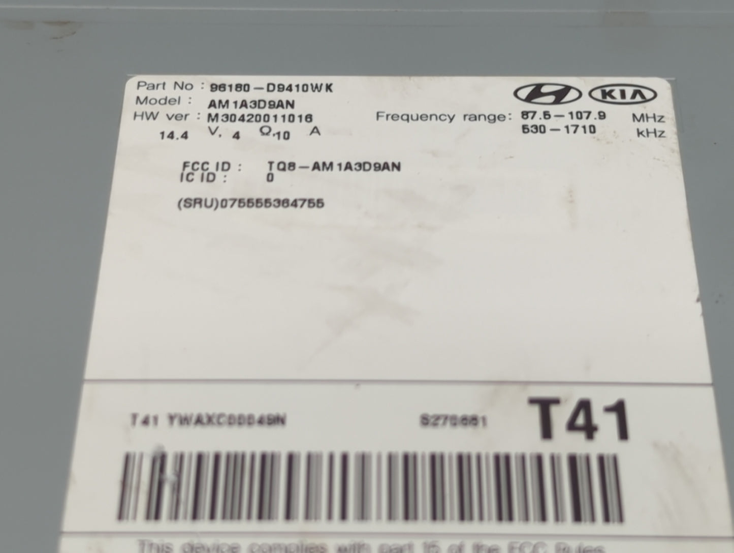 2017-2019 Kia Sportage Radio AM FM Cd Player Receiver Replacement P/N:96180-D9410WK Fits Fits 2017 2018 2019 OEM Used Auto P