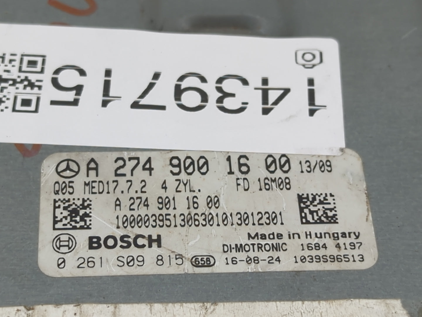 2017 Mercedes-Benz C-Class PCM Engine Control Computer ECU ECM PCU OEM P/N:A 274 900 16 00 A 274 901 16 00 Fits OEM Used Aut