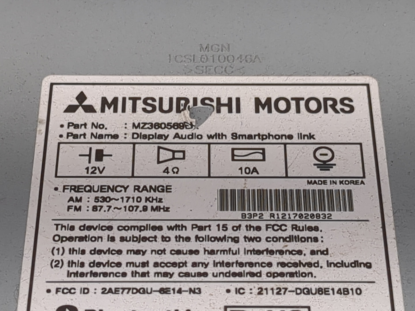 2017 Mitsubishi Outlander Sport Radio AM FM Cd Player Receiver Replacement P/N:MZ360569 2AE77DGU-6E14-N3, 21127-DGU6E14B10 F