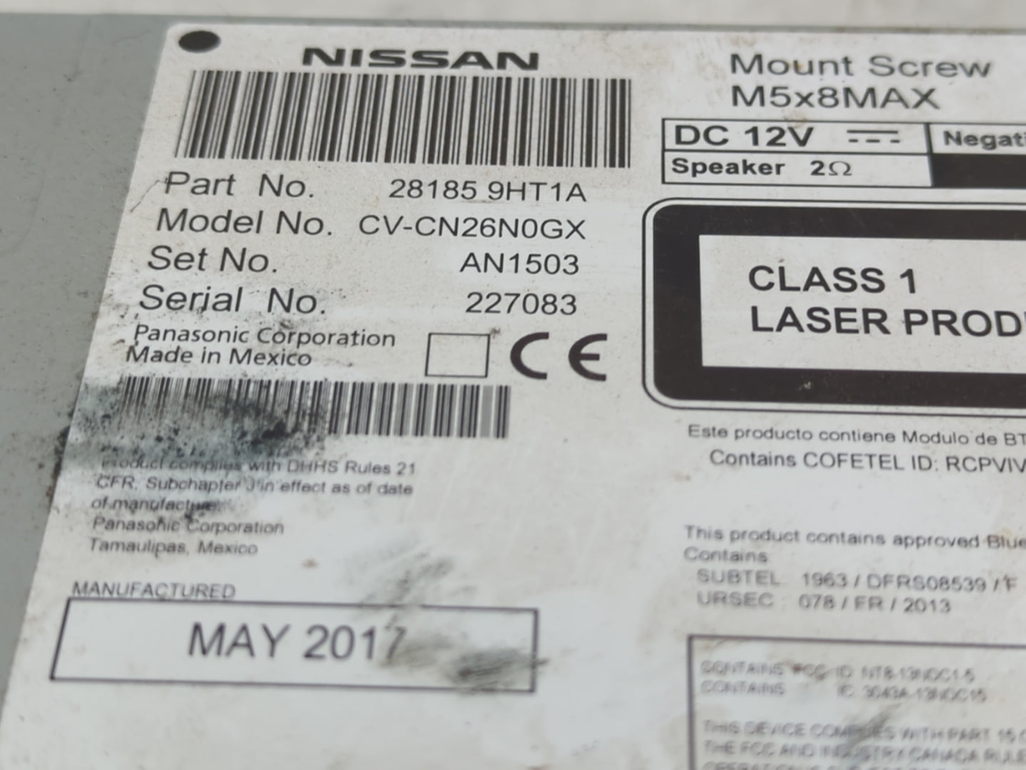 2017-2018 Nissan Altima Radio AM FM Cd Player Receiver Replacement P/N:28185 9HT1A Fits Fits 2017 2018 OEM Used Auto Parts -