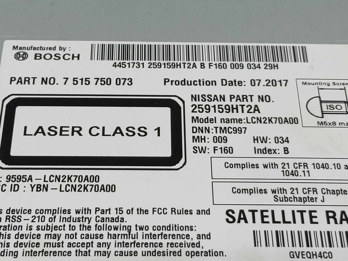 2017 Nissan Altima Radio AM FM Cd Player Receiver Replacement P/N:259159HT2A 7 515 750 073 Fits OEM Used Auto Parts - Oemuse