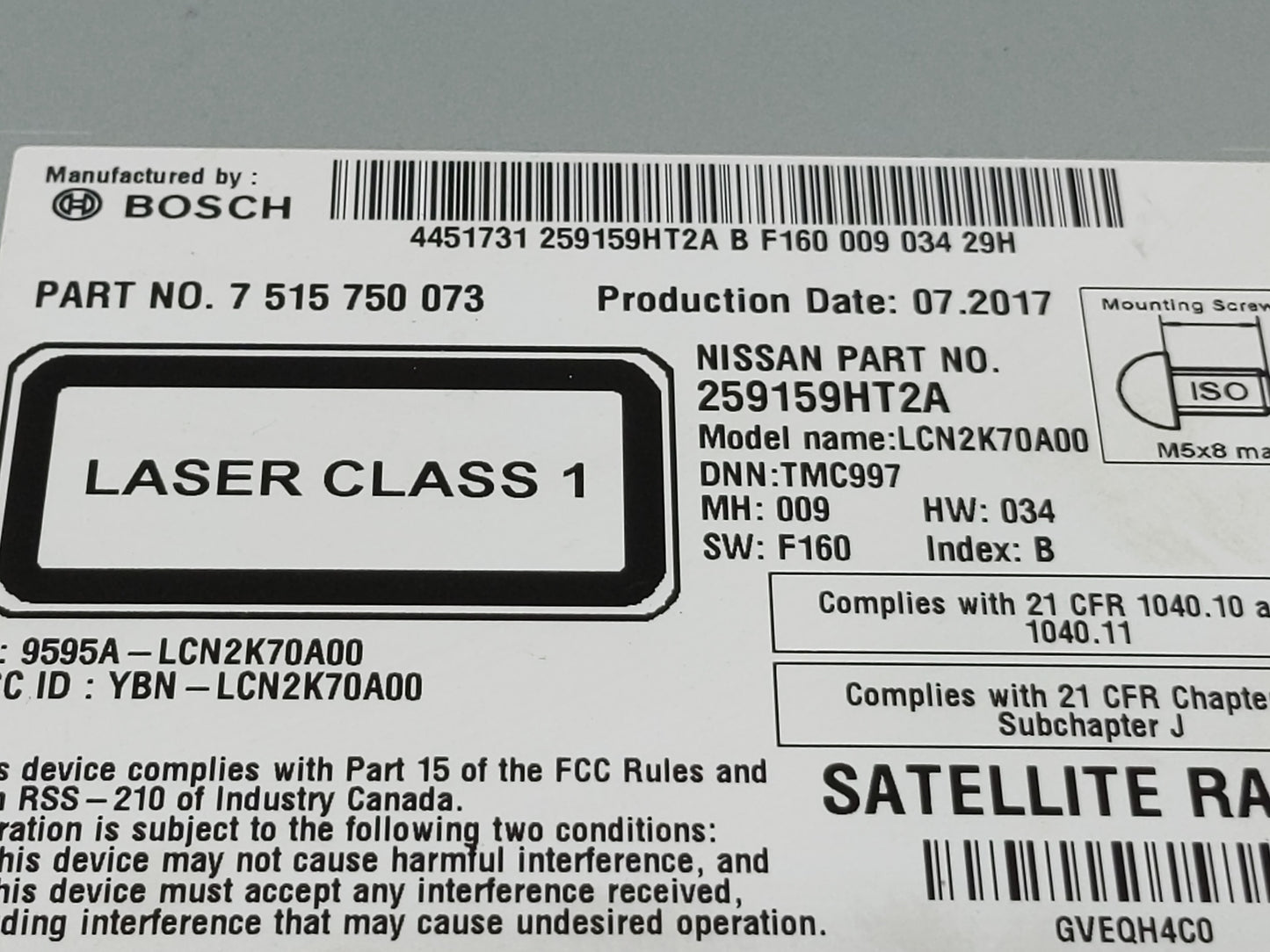 2017 Nissan Altima Radio AM FM Cd Player Receiver Replacement P/N:259159HT2A 7 515 750 073 Fits OEM Used Auto Parts - Oemuse
