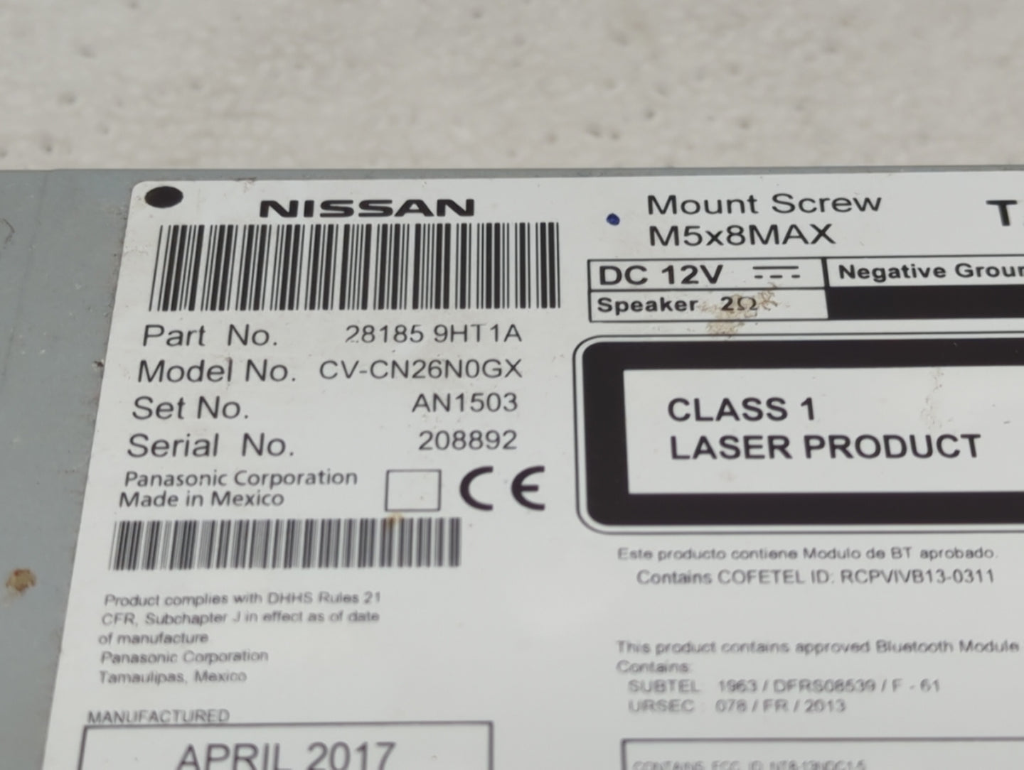 2016-2017 Nissan Altima Radio AM FM Cd Player Receiver Replacement P/N:28185 9HT1A Fits Fits 2016 2017 OEM Used Auto Parts -