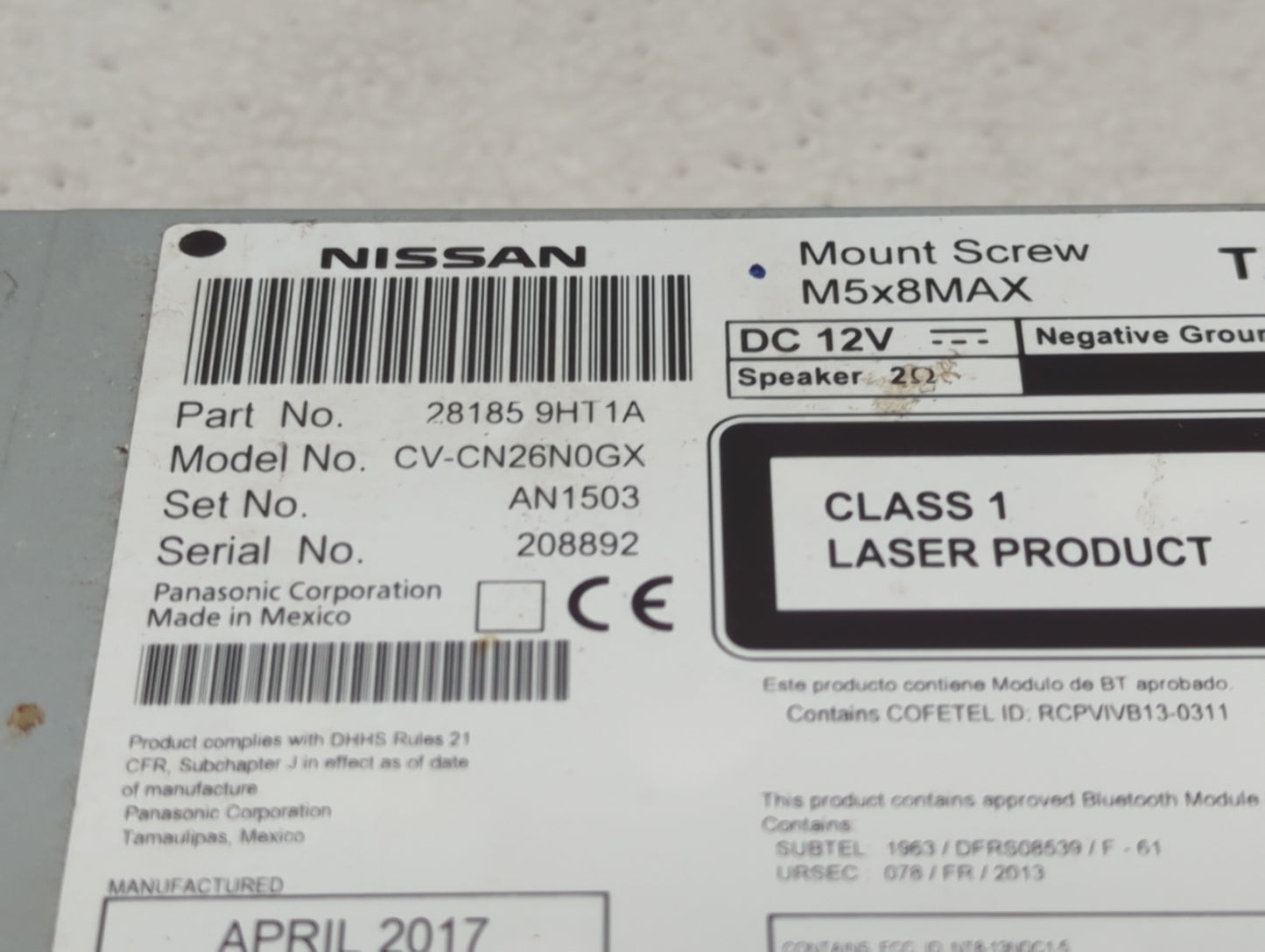 2016-2017 Nissan Altima Radio AM FM Cd Player Receiver Replacement P/N:28185 9HT1A Fits Fits 2016 2017 OEM Used Auto Parts -