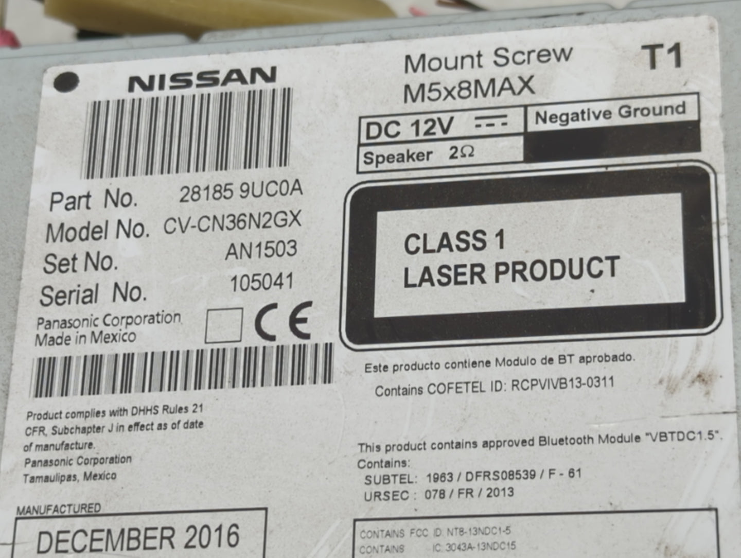 2017 Nissan Murano Radio AM FM Cd Player Receiver Replacement P/N:28185 9UC0A CV-CN36N2GX Fits OEM Used Auto Parts - Oemused