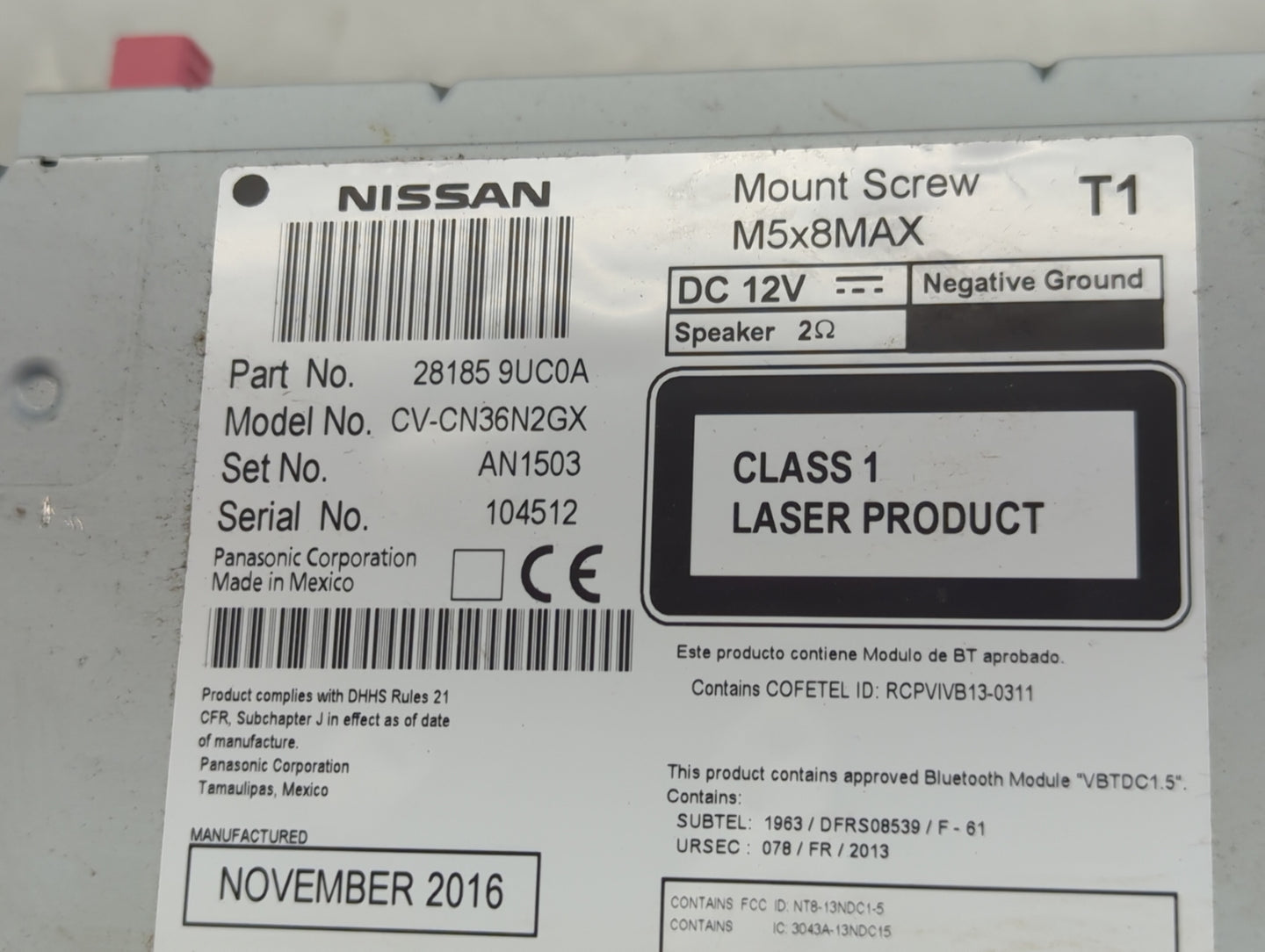 2017 Nissan Murano Radio AM FM Cd Player Receiver Replacement P/N:281859UC0A CV-CN36N2GX, NT8-13NDC1-5, 3043A-13NDC15 Fits O