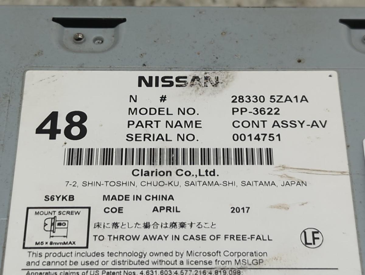 2017 Nissan Pathfinder Radio AM FM Cd Player Receiver Replacement P/N:28330 5ZA1A PP-3622 Fits OEM Used Auto Parts - Oemused