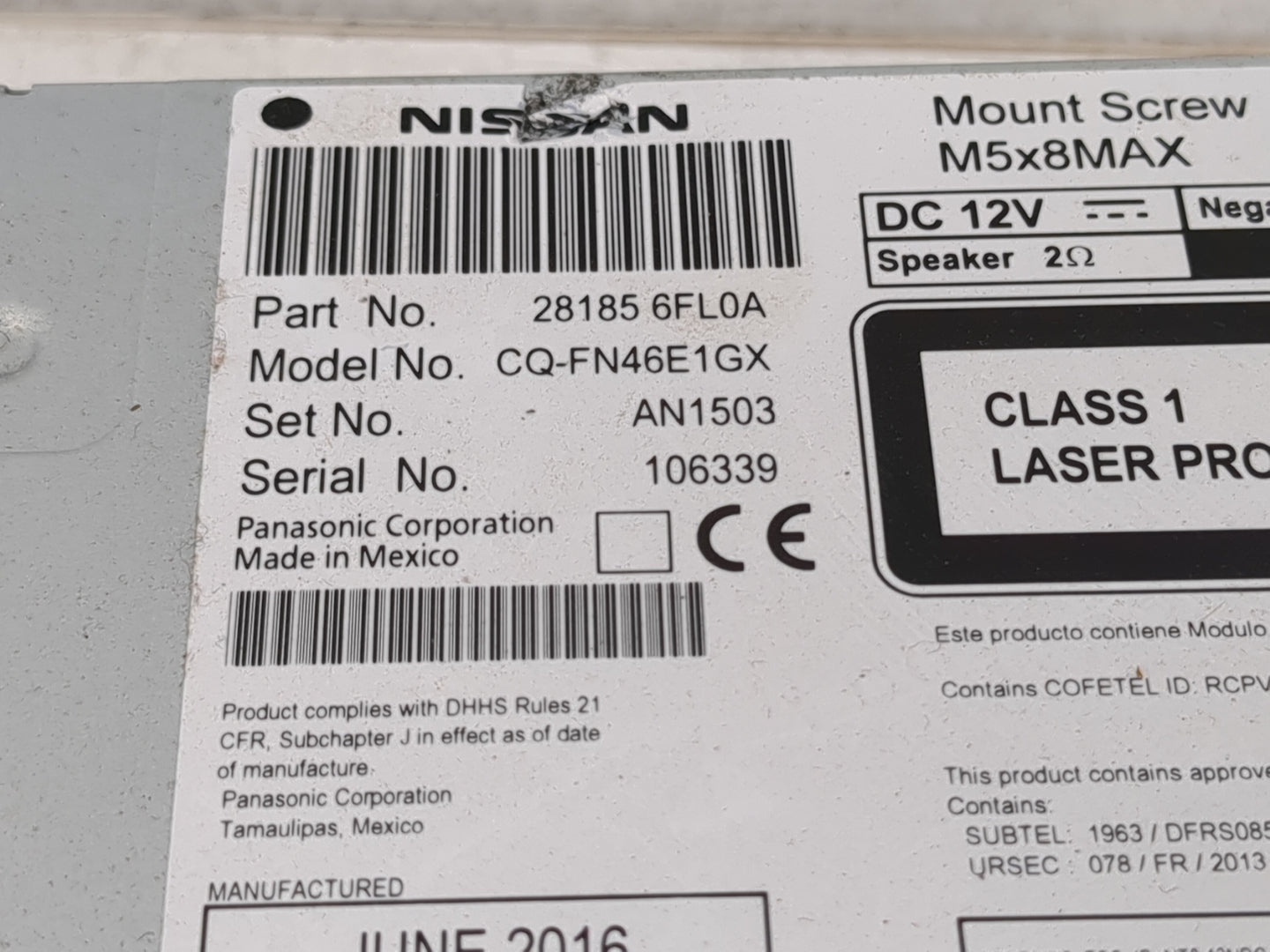 2017 Nissan Rogue Radio AM FM Cd Player Receiver Replacement P/N:28185 6FL0A Fits OEM Used Auto Parts - Oemusedautoparts1.co