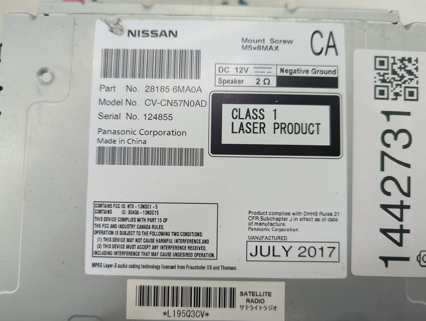 2017-2018 Nissan Rogue Sport Radio AM FM Cd Player Receiver Replacement P/N:28185 6MA0A Fits Fits 2017 2018 OEM Used Auto Pa