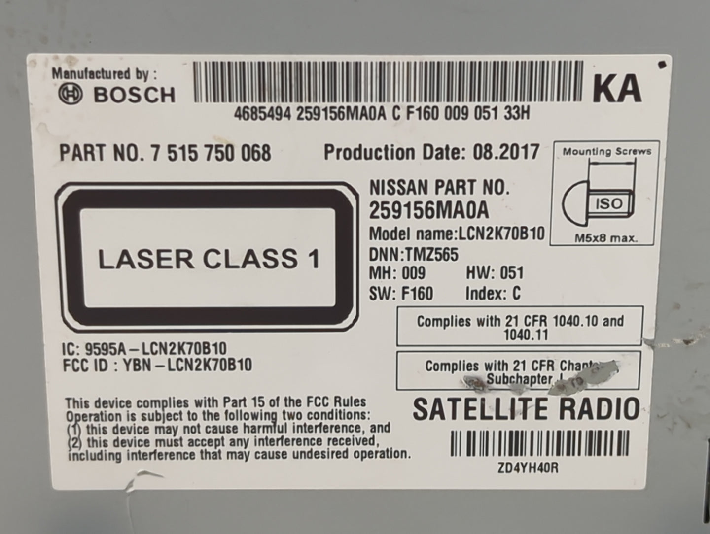 2017 Nissan Rogue Sport Radio AM FM Cd Player Receiver Replacement P/N:259156MA0A 7 515 750 068 Fits OEM Used Auto Parts - O