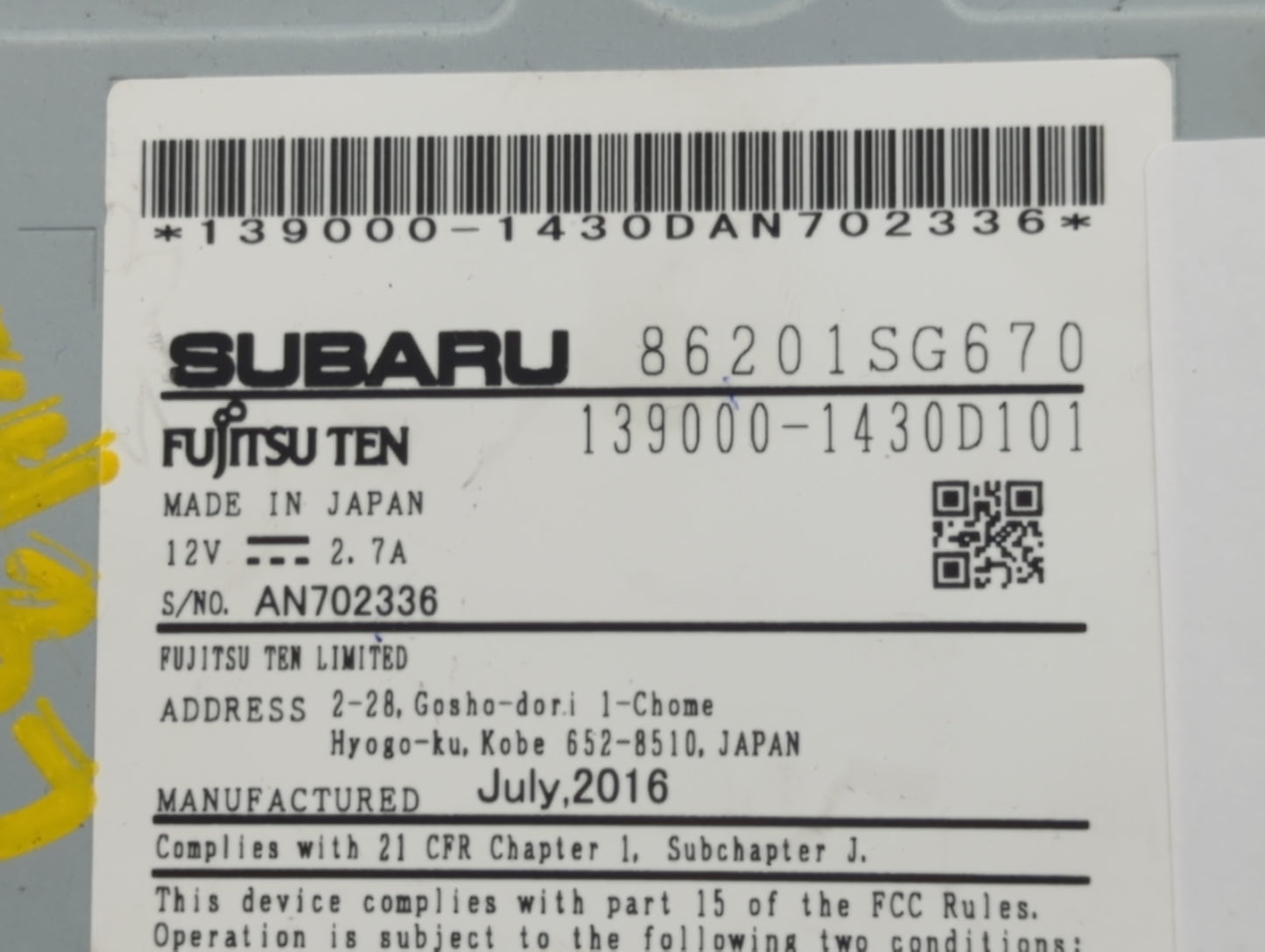 2017 Subaru Forester Radio AM FM Cd Player Receiver Replacement P/N:86201SG670 Fits OEM Used Auto Parts - Oemusedautoparts1.