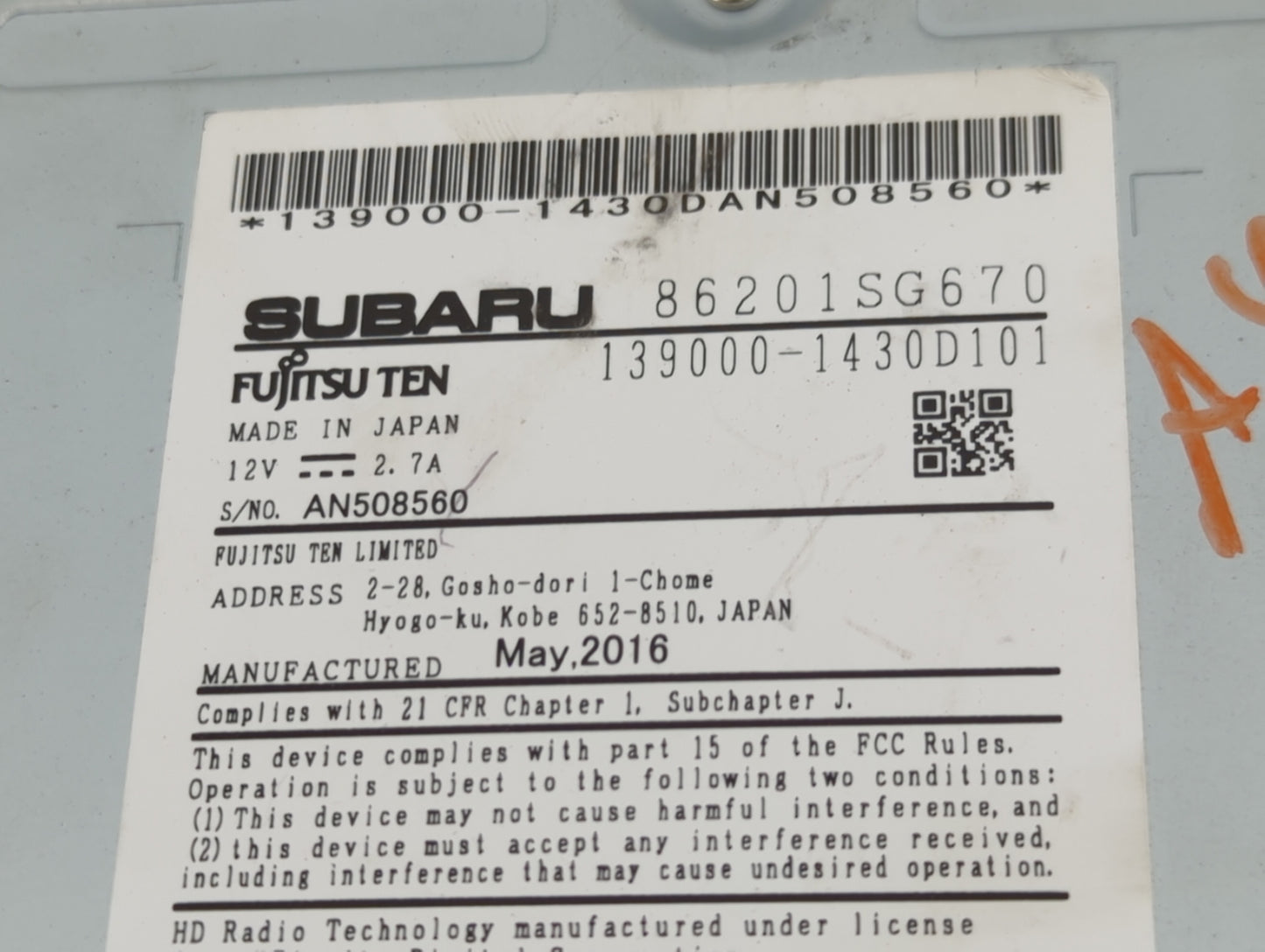 2017 Subaru Forester Radio AM FM Cd Player Receiver Replacement P/N:86201SG670 139000-1430D101 Fits OEM Used Auto Parts - Oe