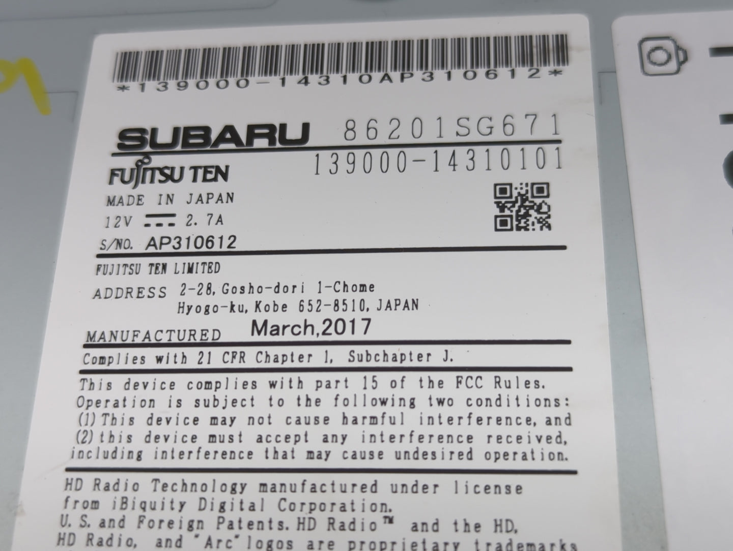2017 Subaru Forester Radio AM FM Cd Player Receiver Replacement P/N:86201SG671 139000-14310101, FF678UM Fits OEM Used Auto P
