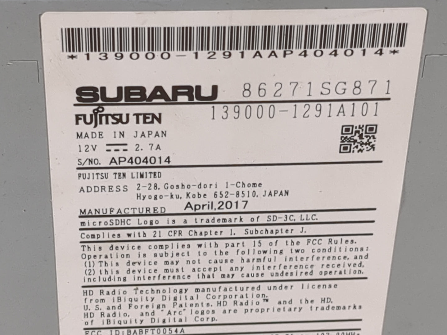 2017 Subaru Forester Radio AM FM Cd Player Receiver Replacement P/N:86271SG871 139000-1291A101, 139000-1291AAP404014 Fits OE