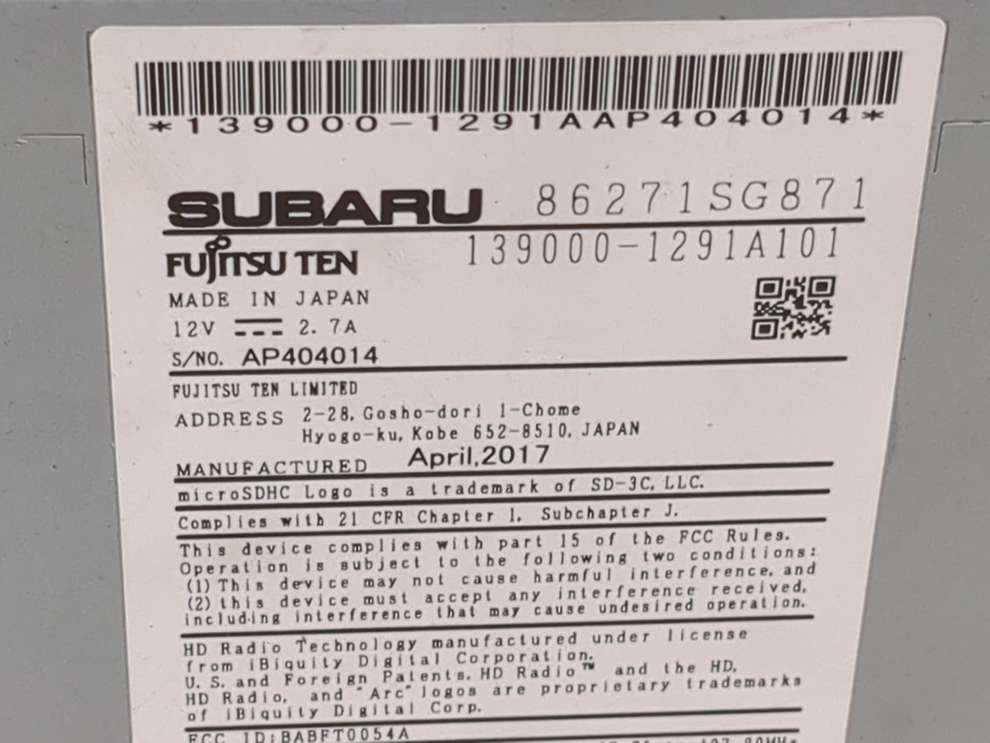 2017 Subaru Forester Radio AM FM Cd Player Receiver Replacement P/N:86271SG871 139000-1291A101, 139000-1291AAP404014 Fits OE