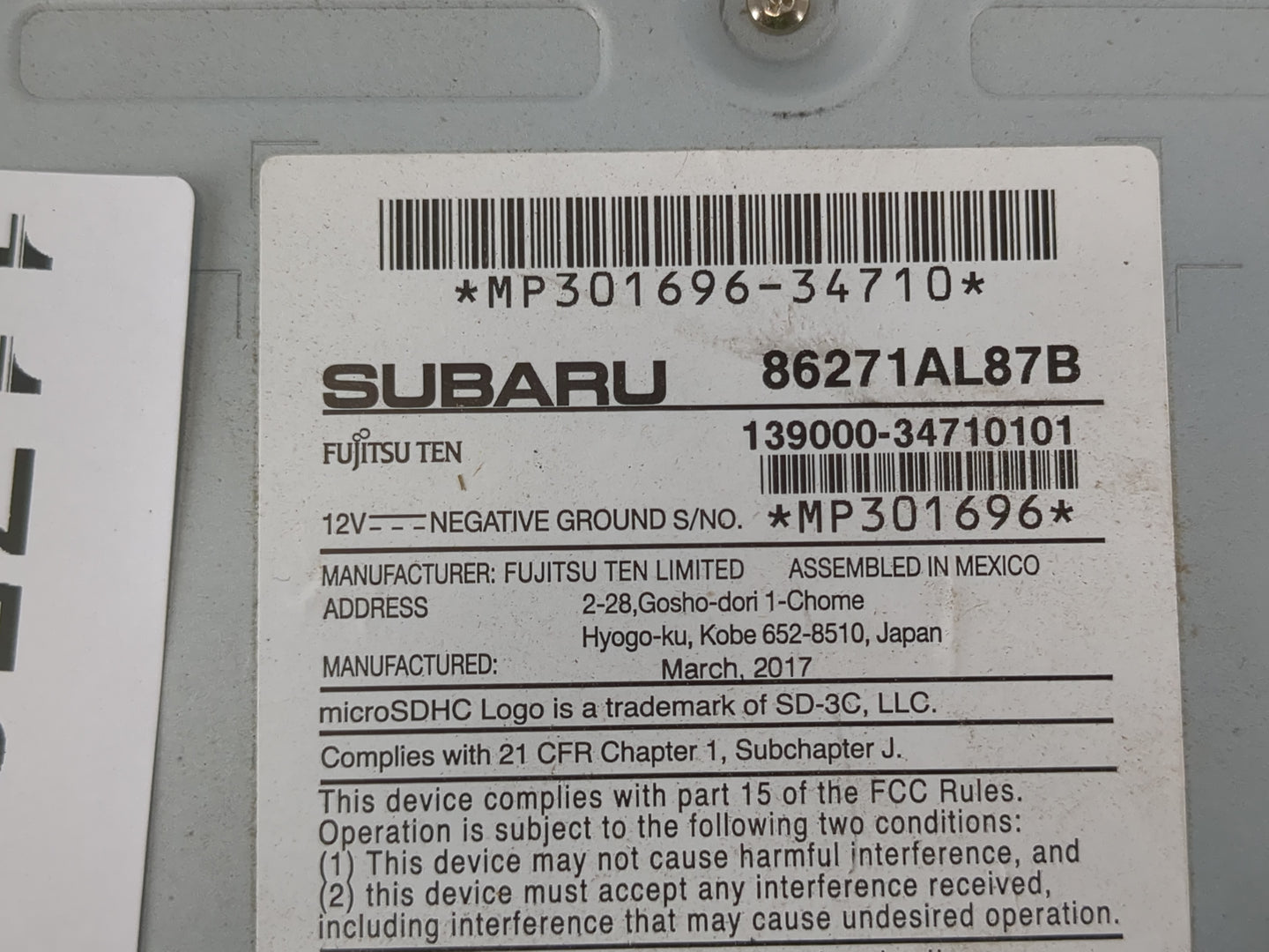 2017 Subaru Legacy Radio AM FM Cd Player Receiver Replacement P/N:86271AL87B Fits OEM Used Auto Parts - Oemusedautoparts1.co