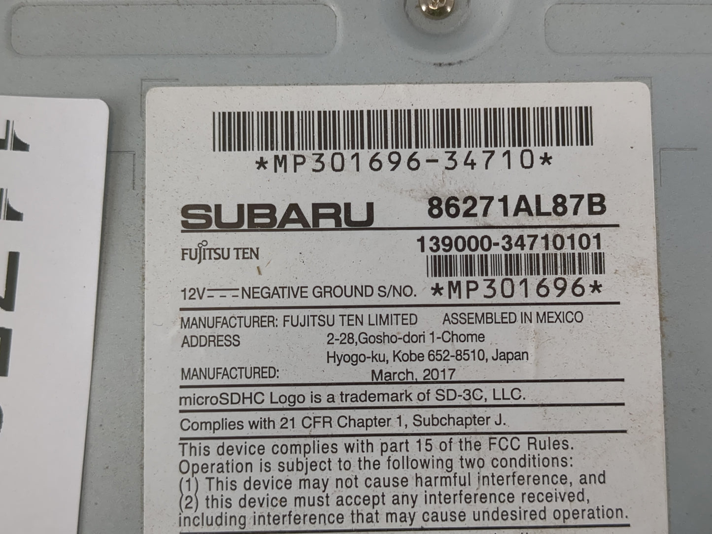 2017 Subaru Legacy Radio AM FM Cd Player Receiver Replacement P/N:86271AL87B Fits OEM Used Auto Parts - Oemusedautoparts1.co