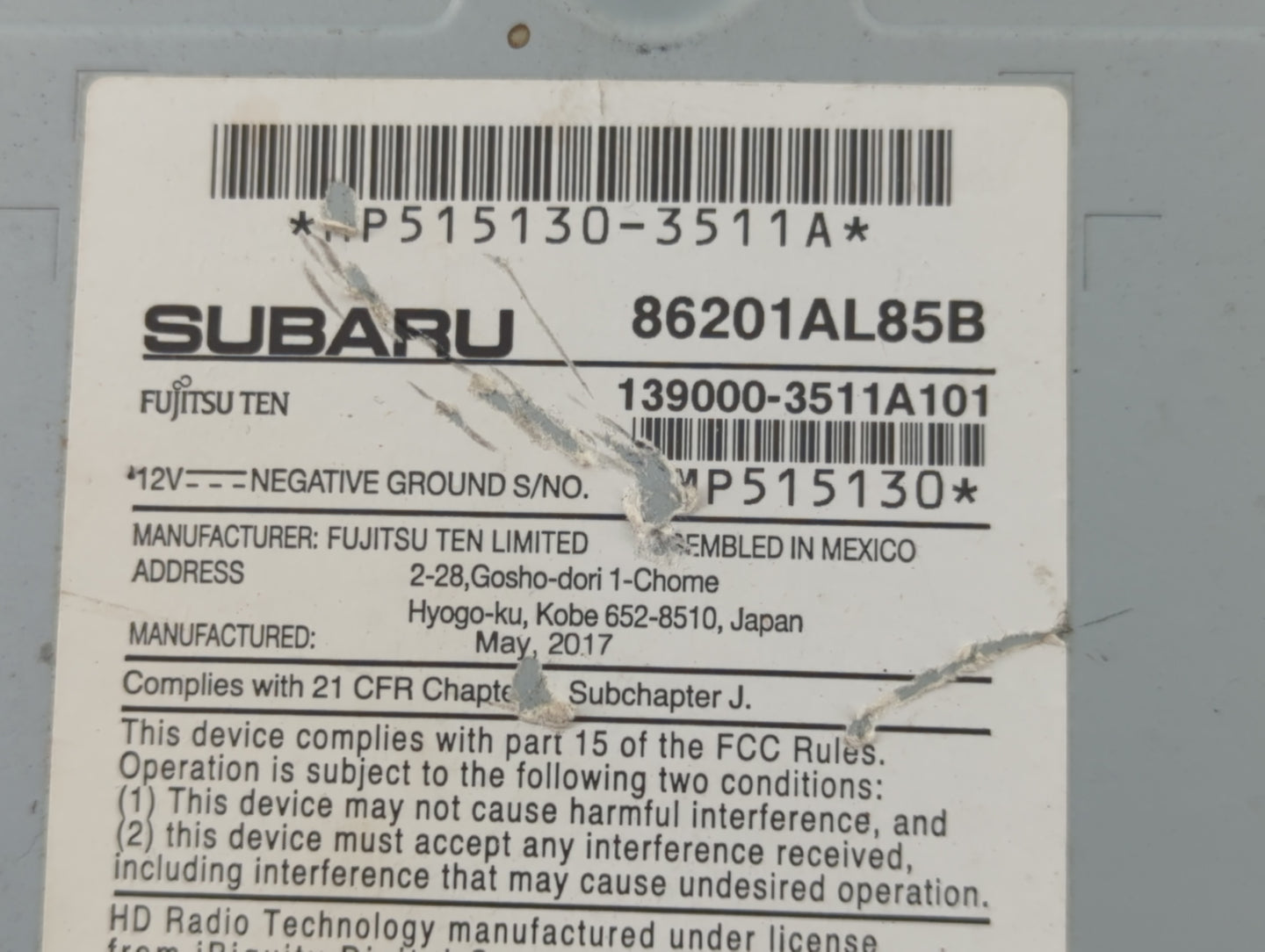 2017 Subaru Legacy Radio AM FM Cd Player Receiver Replacement P/N:86201AL85B Fits OEM Used Auto Parts - Oemusedautoparts1.co