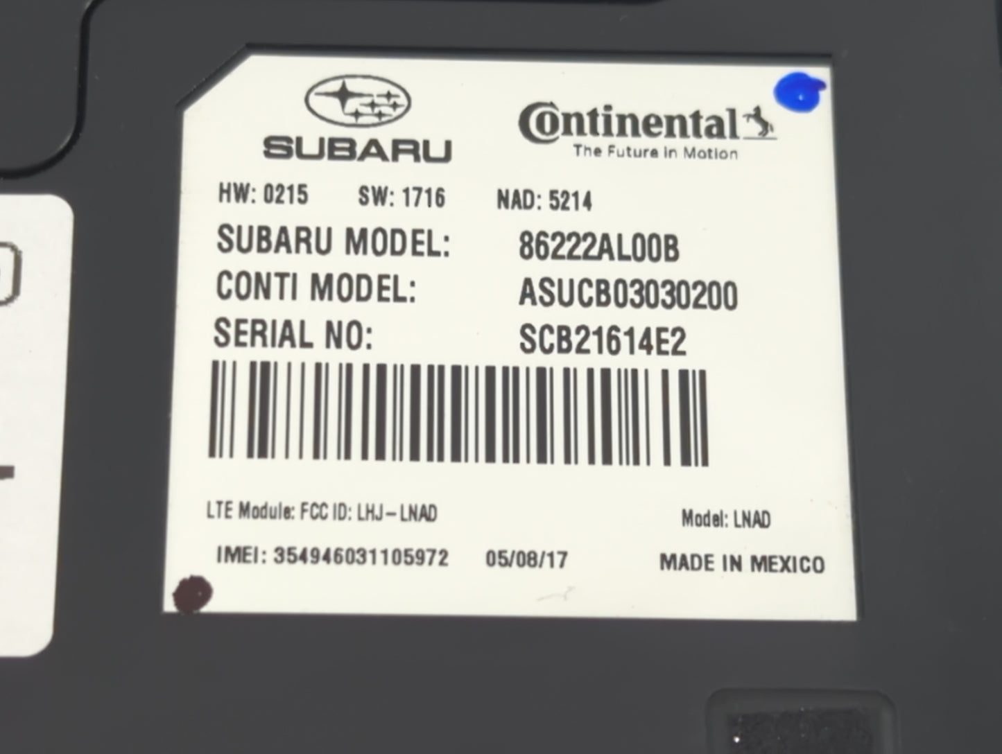 2016-2018 Subaru Legacy Telematics Control Module 86222al00b - Oemusedautoparts1.com