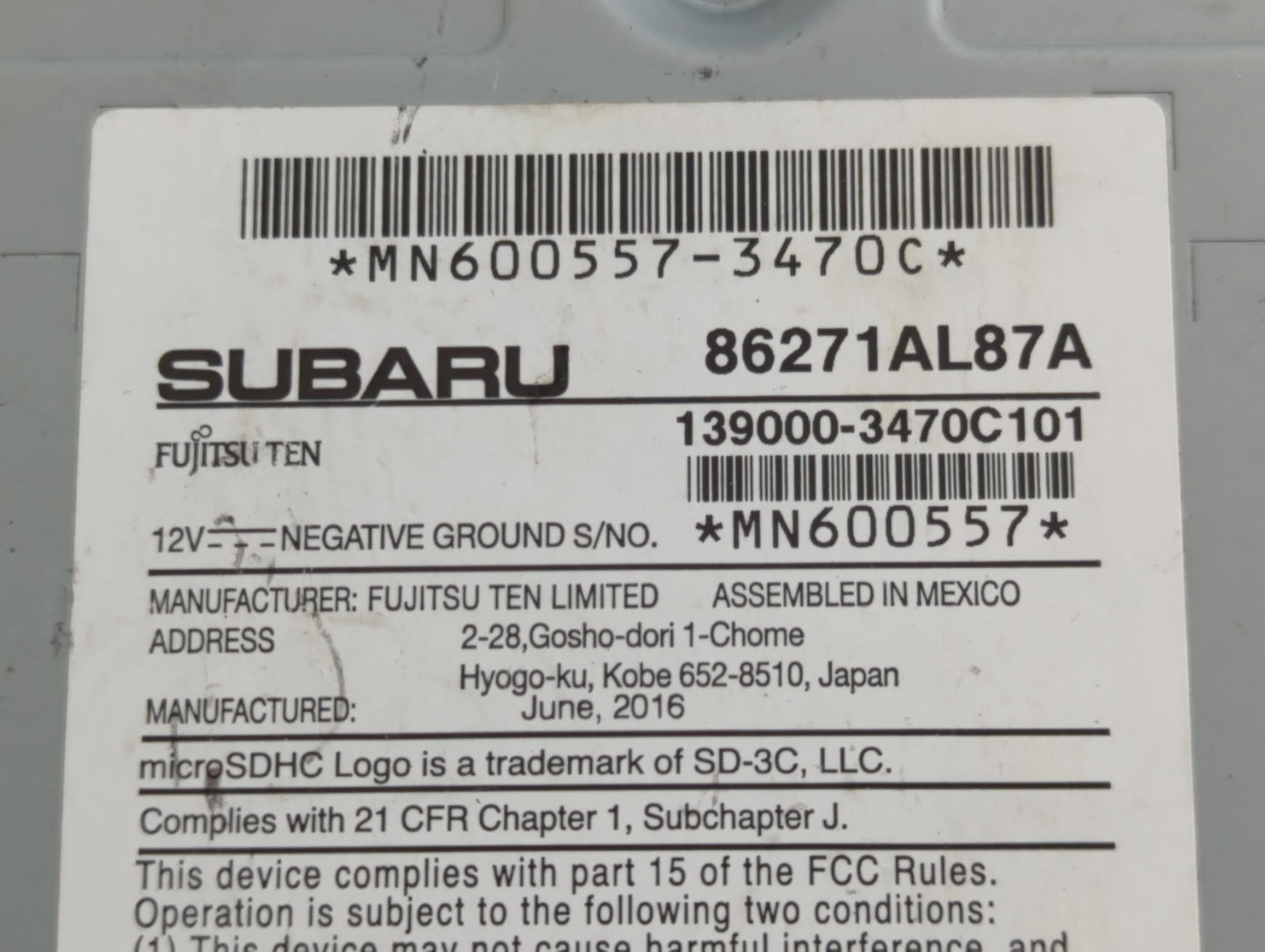 2017 Subaru Legacy Radio AM FM Cd Player Receiver Replacement P/N:86271AL87A Fits OEM Used Auto Parts - Oemusedautoparts1.co