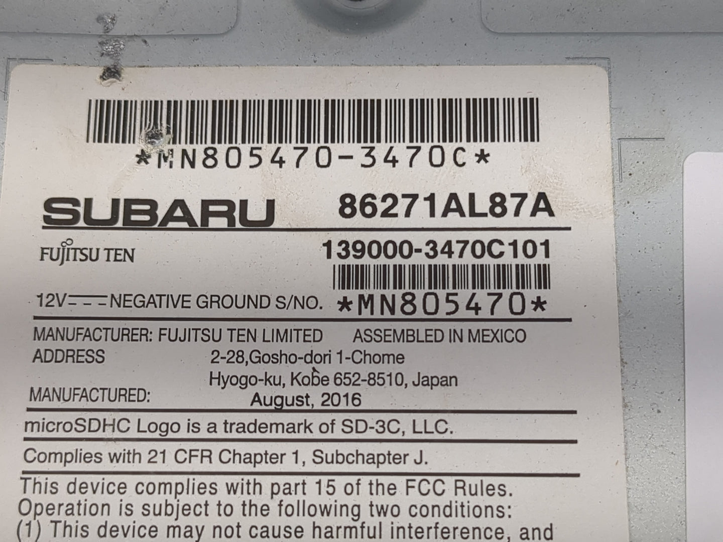 2017 Subaru Legacy Radio AM FM Cd Player Receiver Replacement P/N:139000-3470C101 86271AL87A, 86201AL85B Fits OEM Used Auto 
