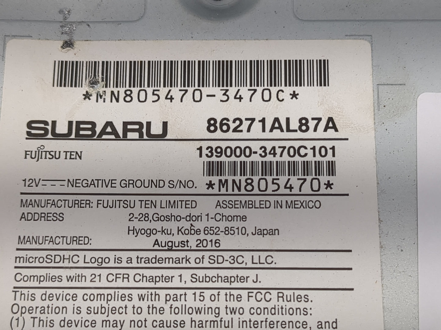 2017 Subaru Legacy Radio AM FM Cd Player Receiver Replacement P/N:139000-3470C101 86271AL87A, 86201AL85B Fits OEM Used Auto 