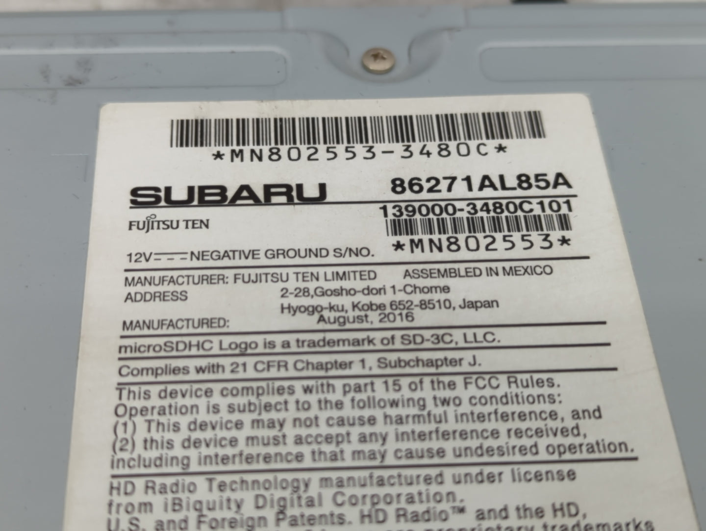 2017 Subaru Legacy Radio AM FM Cd Player Receiver Replacement P/N:86271AL85A Fits OEM Used Auto Parts - Oemusedautoparts1.co