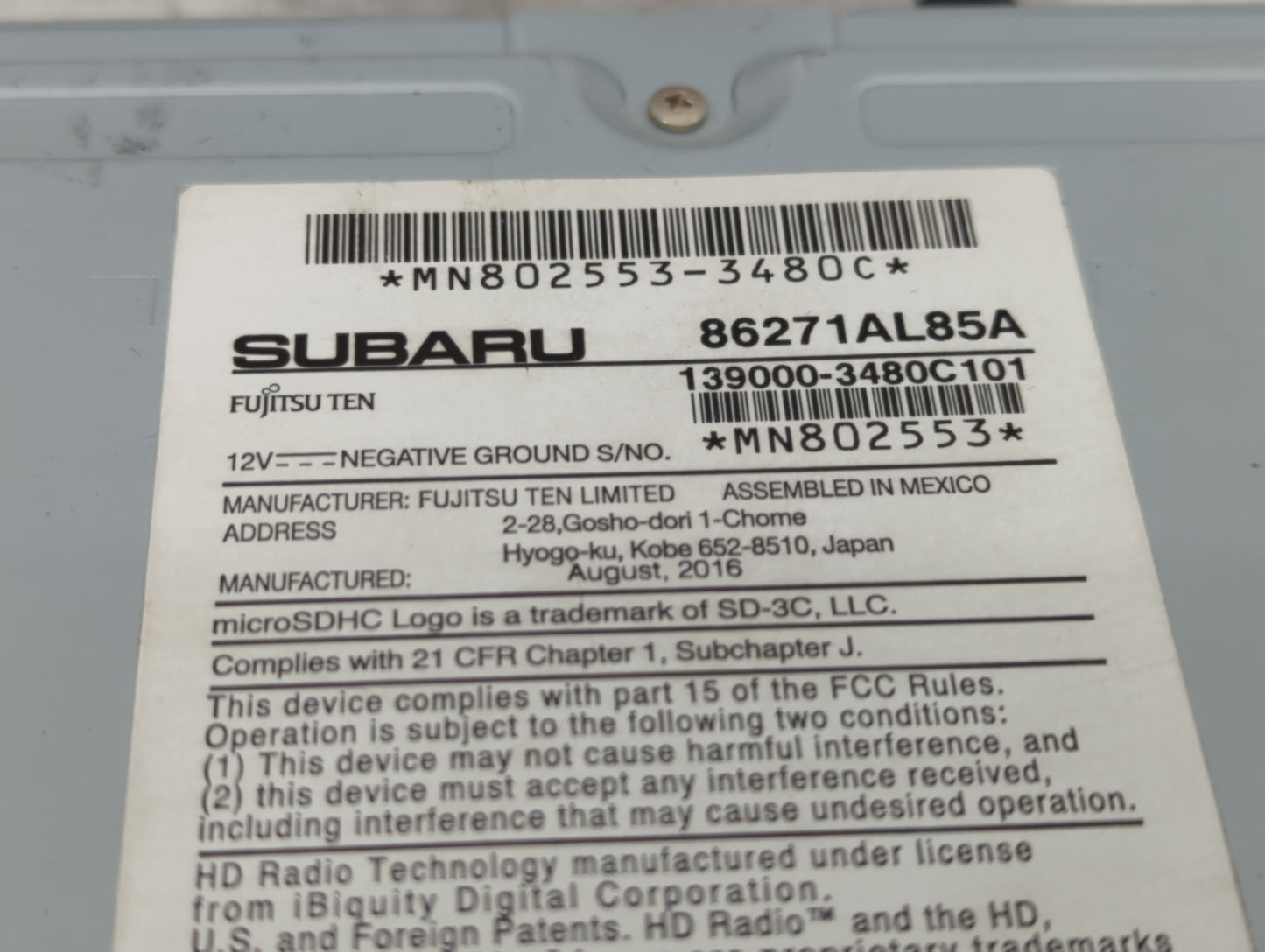 2017 Subaru Legacy Radio AM FM Cd Player Receiver Replacement P/N:86271AL85A Fits OEM Used Auto Parts - Oemusedautoparts1.co