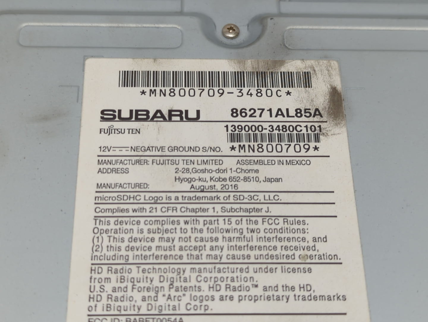 2017 Subaru Legacy Radio AM FM Cd Player Receiver Replacement P/N:86271AL85A Fits OEM Used Auto Parts - Oemusedautoparts1.co